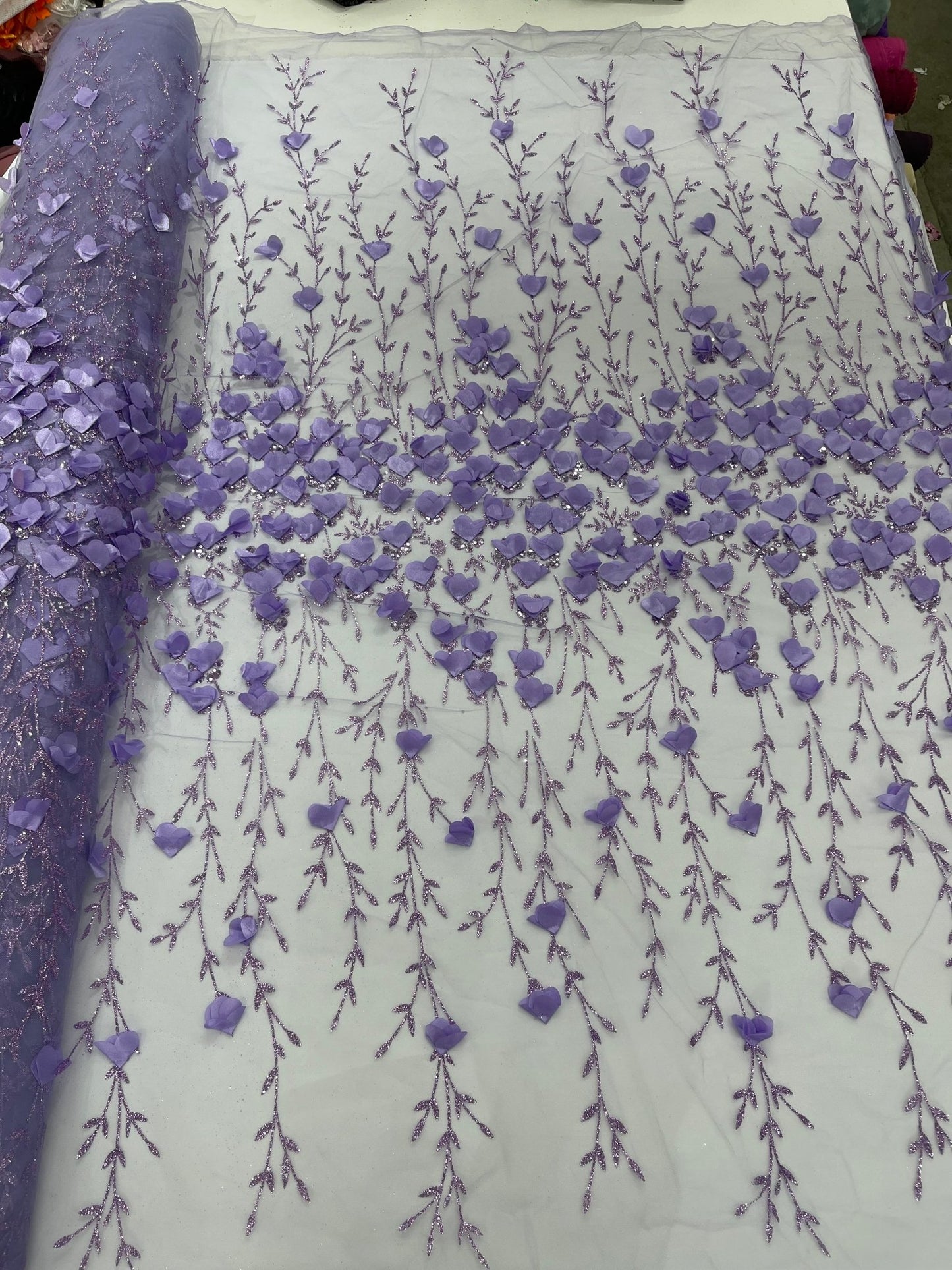 Satin 3D floral glitter fabric| New Creations Fabric & Foam Inc. - New Creations Fabric & Foam Inc