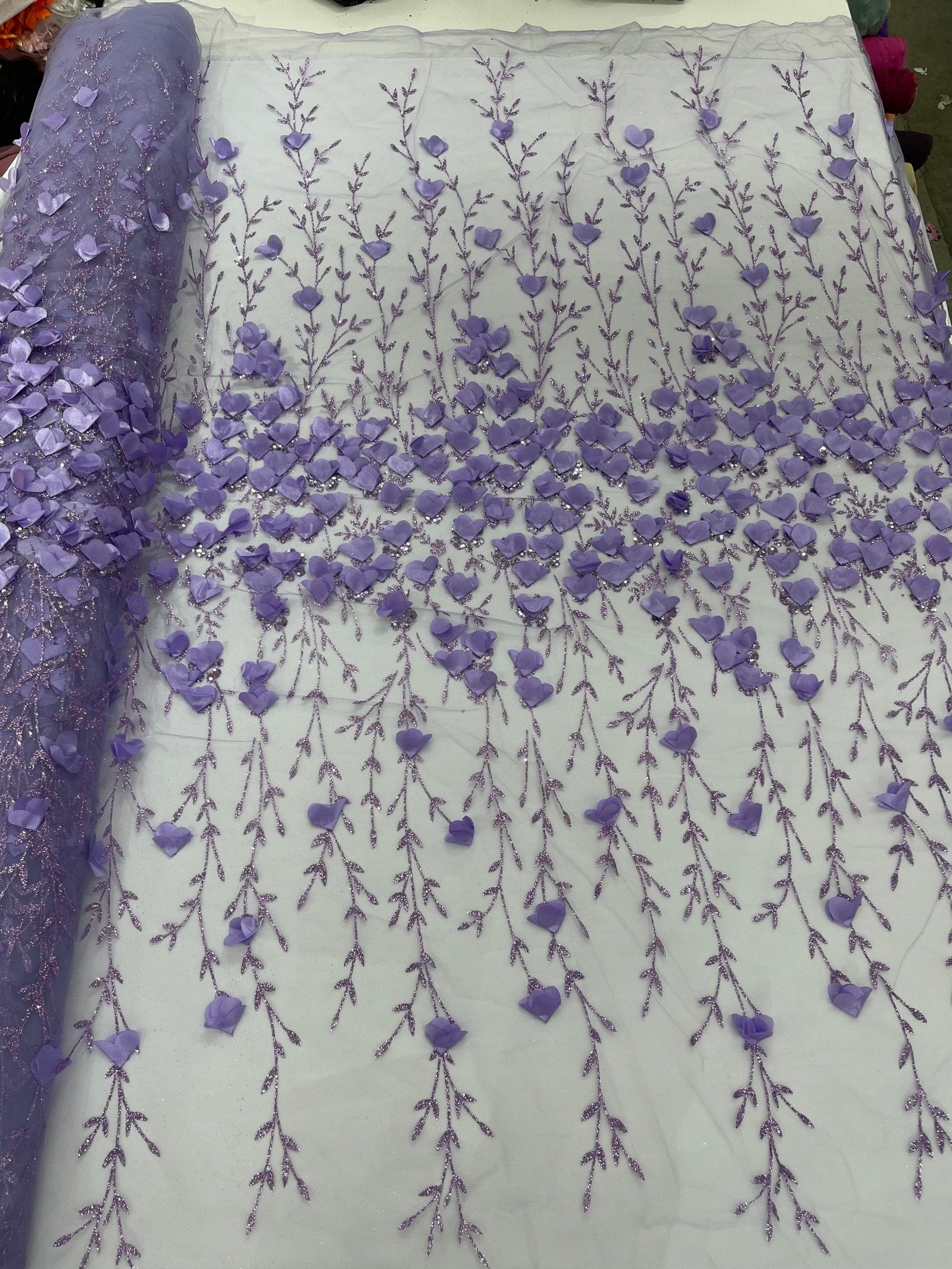 Satin 3D floral glitter fabric| New Creations Fabric & Foam Inc. - New Creations Fabric & Foam Inc