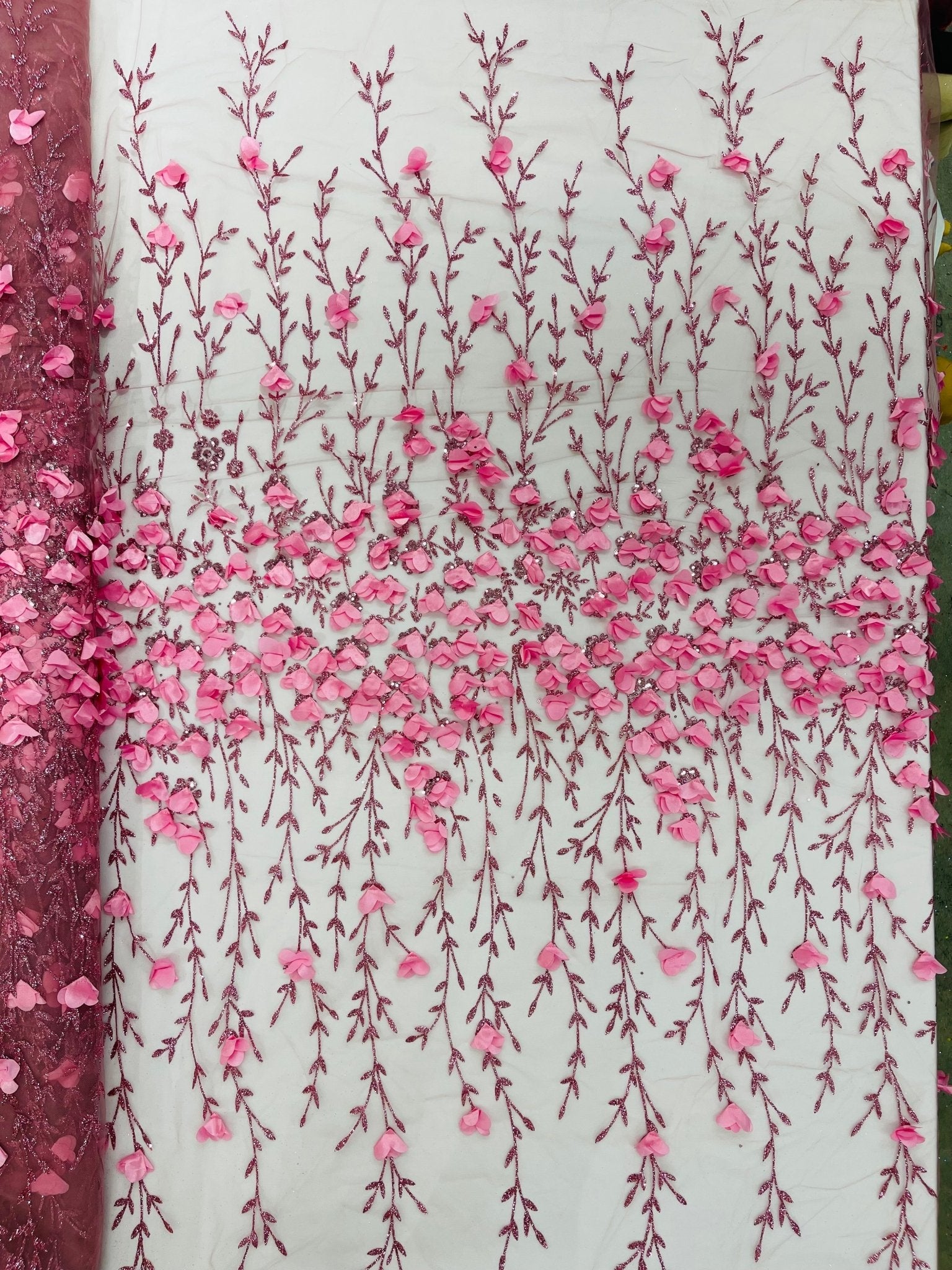 Satin 3D floral glitter fabric| New Creations Fabric & Foam Inc. - New Creations Fabric & Foam Inc