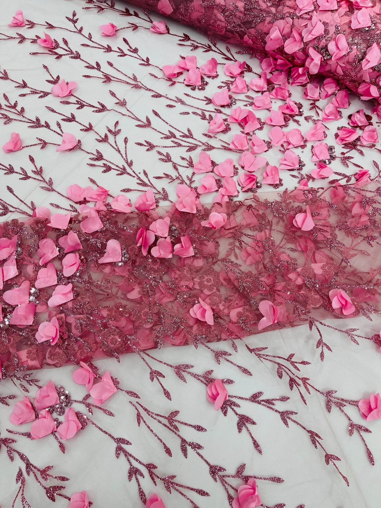 Satin 3D floral glitter fabric| New Creations Fabric & Foam Inc. - New Creations Fabric & Foam Inc