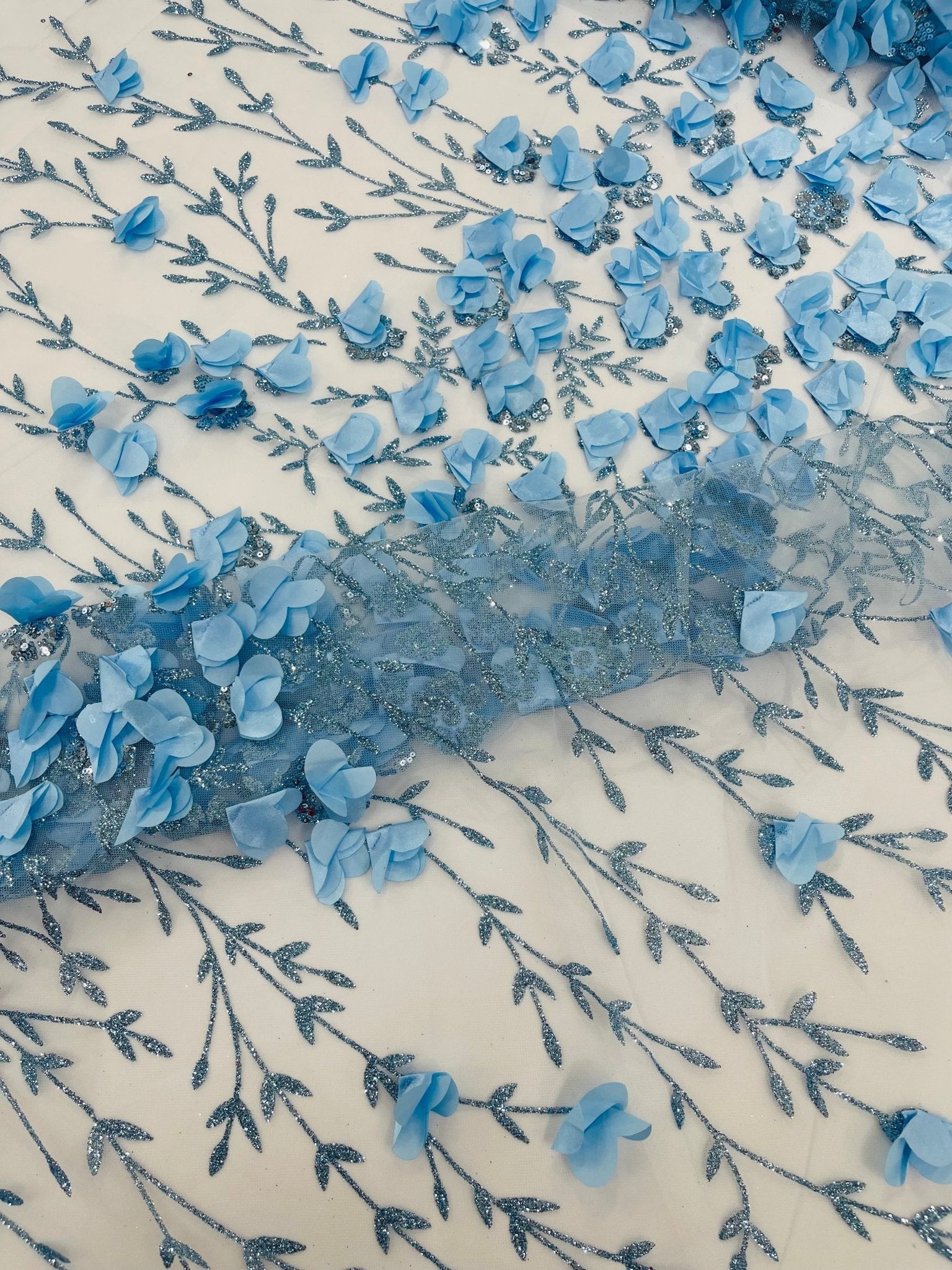 Satin 3D floral glitter fabric| New Creations Fabric & Foam Inc. - New Creations Fabric & Foam Inc