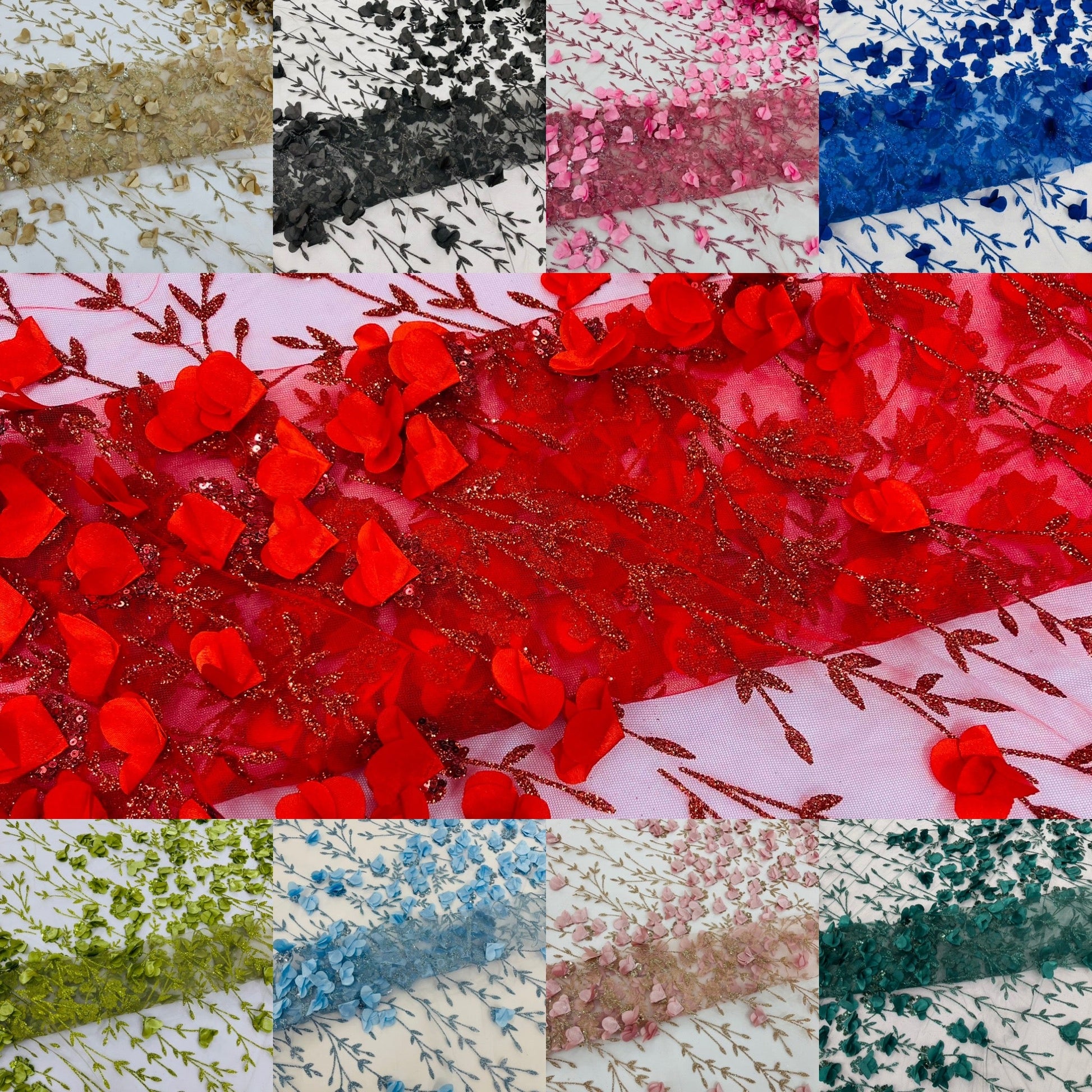 Satin 3D floral glitter fabric| New Creations Fabric & Foam Inc. - New Creations Fabric & Foam Inc