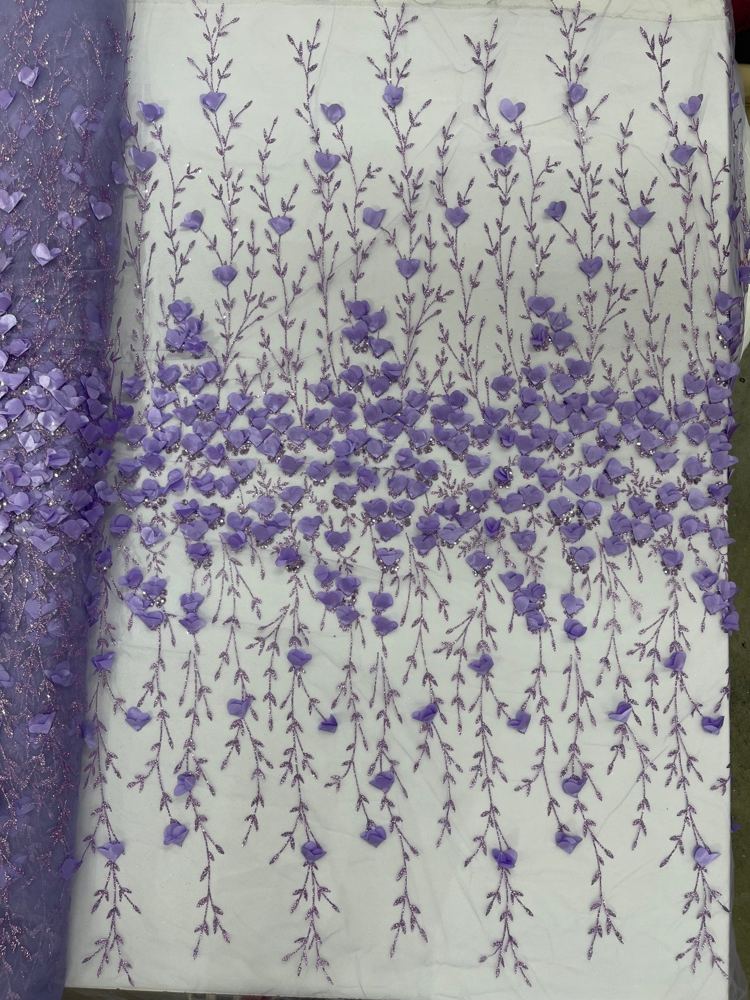 Satin 3D floral glitter fabric| New Creations Fabric & Foam Inc. - New Creations Fabric & Foam Inc