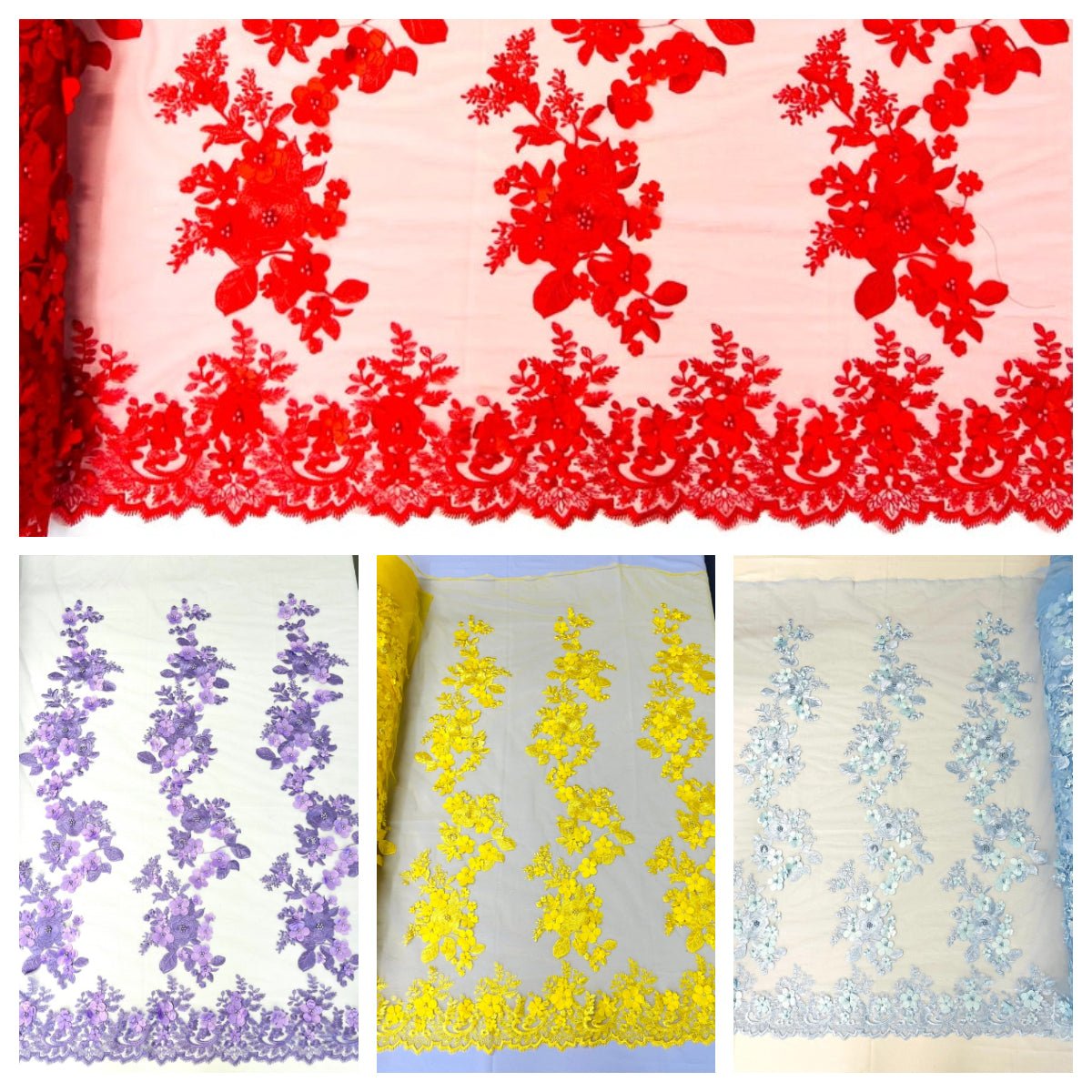 Scarlet 3d floral design embroider with pearls in a mesh lace - sold by the yard. - New Creations Fabric & Foam Inc