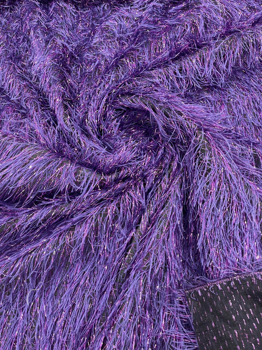 Shaggy Jacquard Faux Ostrich/Eye Lash Feathers Fringe With Metallic Thread (By The Yard) - New Creations Fabric & Foam Inc
