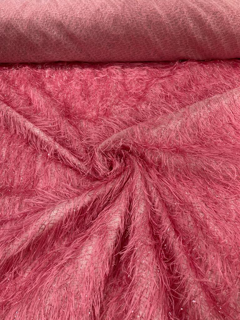 Shaggy Jacquard Faux Ostrich/Eye Lash Feathers Fringe With Metallic Thread (By The Yard) - New Creations Fabric & Foam Inc
