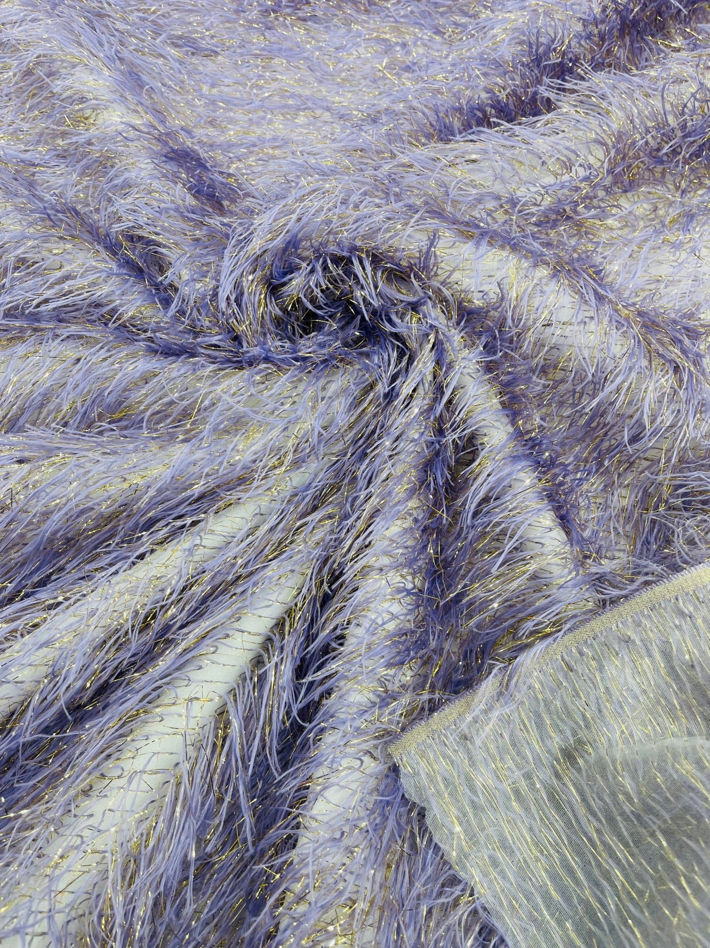 Shaggy Jacquard Faux Ostrich/Eye Lash Feathers Fringe With Metallic Thread (By The Yard) - New Creations Fabric & Foam Inc