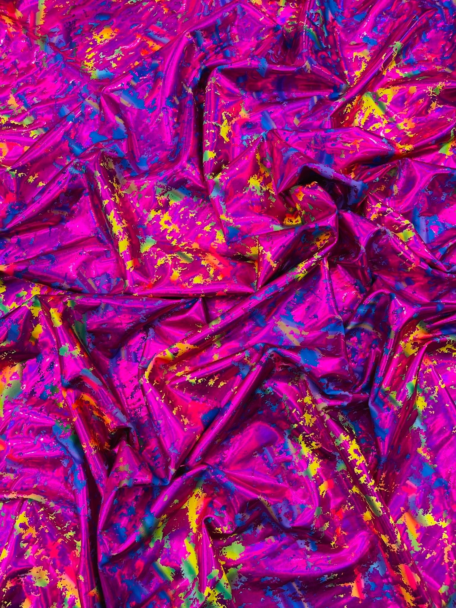 Splatter Foil Paint Metallic Print on a 4 - way Stretch Tie Dye Nylon Spandex | New Creations Fabric & Foam Inc. - New Creations Fabric & Foam Inc