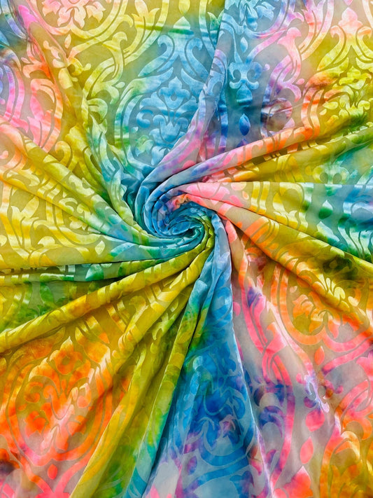 Tie Dye Damask Burnt out Stretch Velvet 58" Wide| New Creations Fabric &amp; Foam Inc - New Creations Fabric & Foam Inc