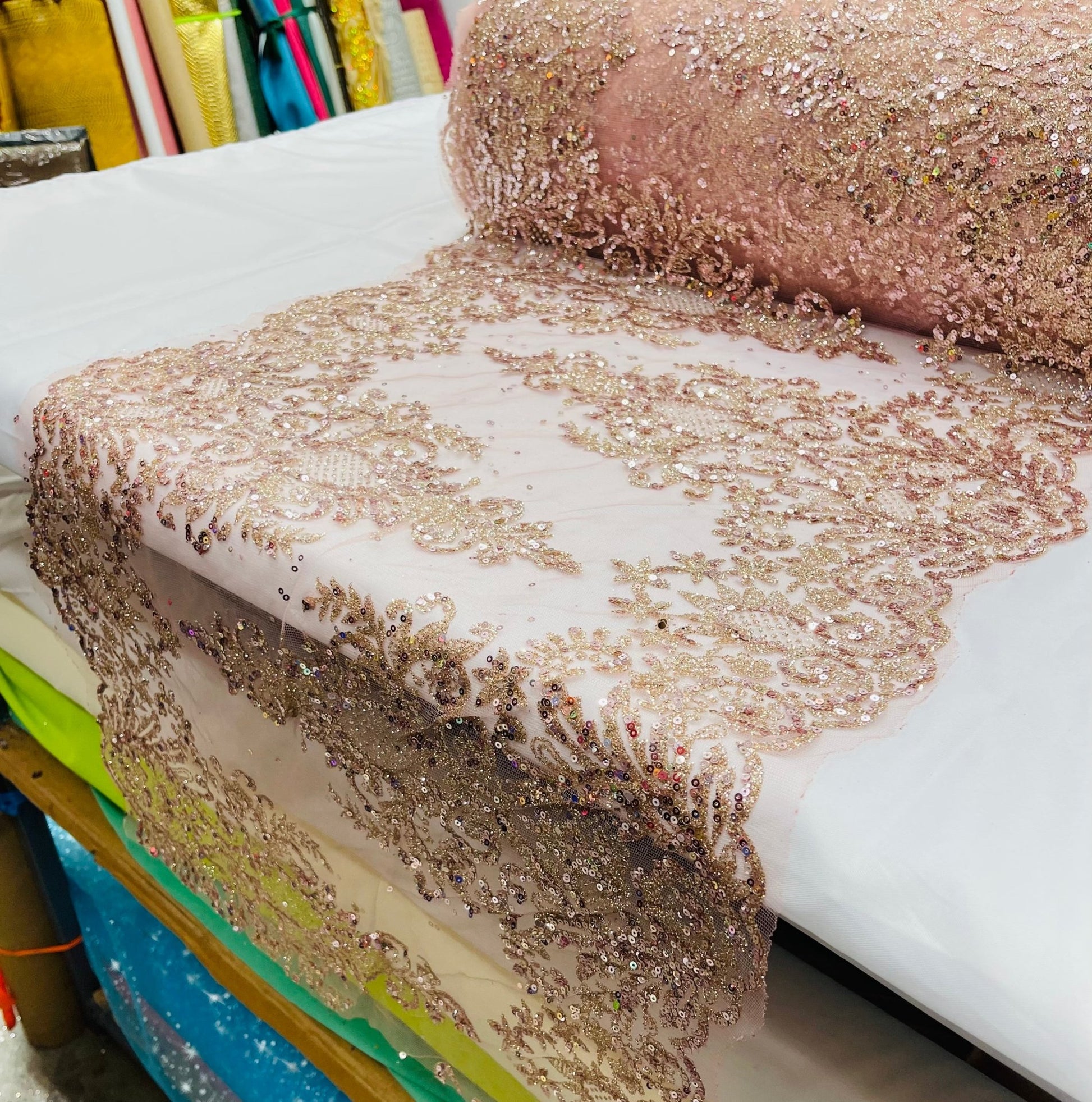Trim Glitter Damask Design On A Mesh Lace| 20" Wide | appeal Fabric| Sold By The Yard. - New Creations Fabric & Foam Inc