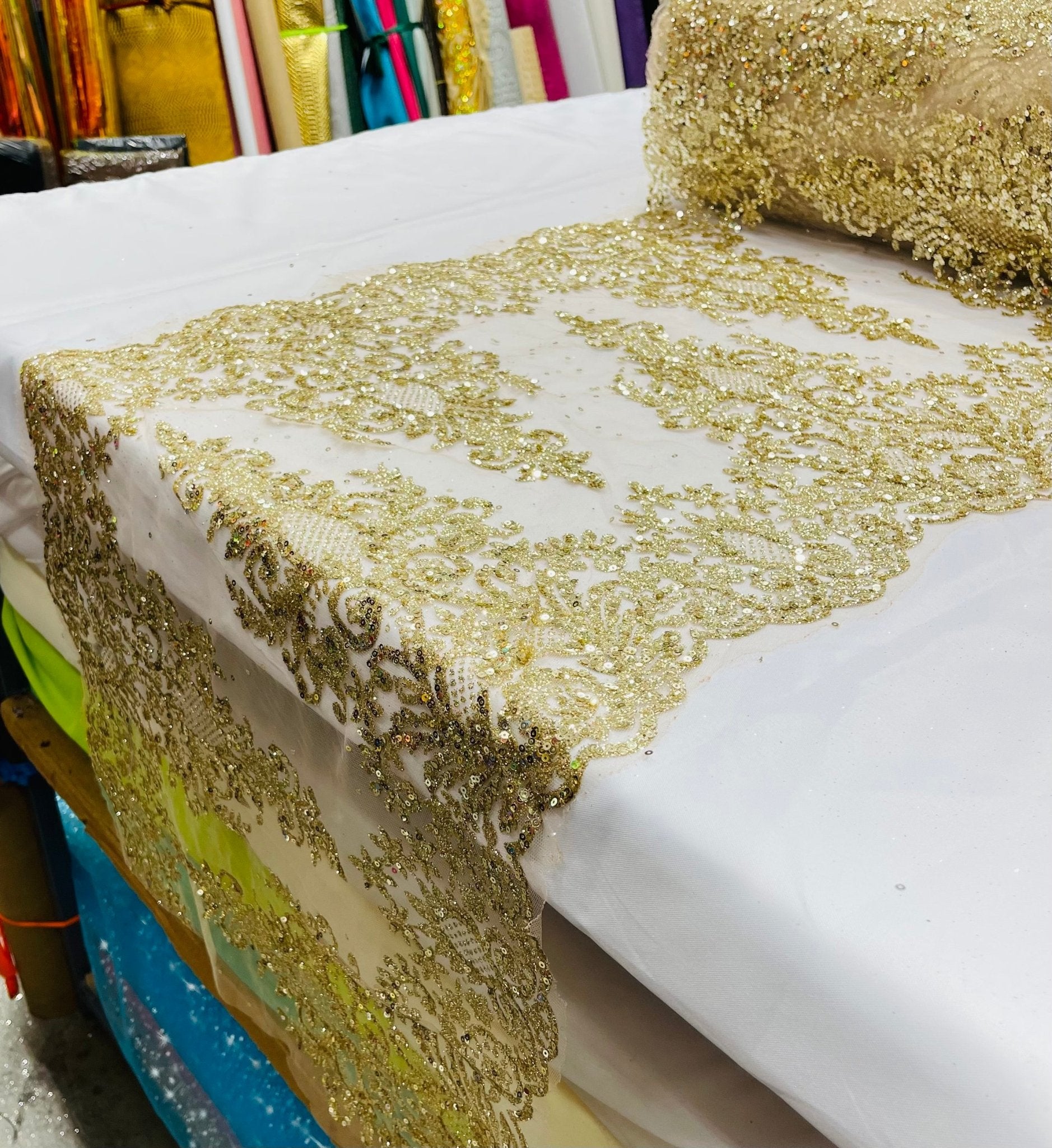 Trim Glitter Damask Design On A Mesh Lace| 20" Wide | appeal Fabric| Sold By The Yard. - New Creations Fabric & Foam Inc