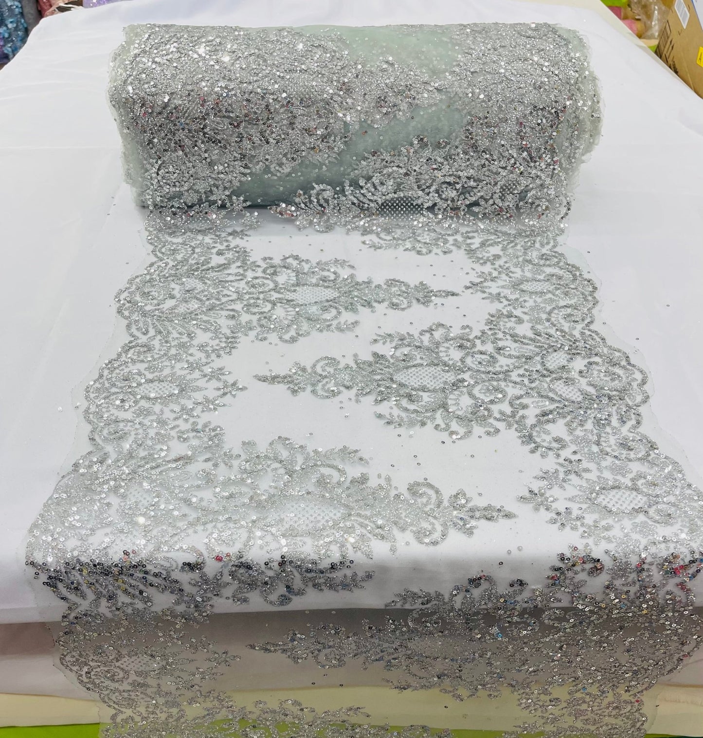 Trim Glitter Damask Design On A Mesh Lace| 20" Wide | appeal Fabric| Sold By The Yard. - New Creations Fabric & Foam Inc