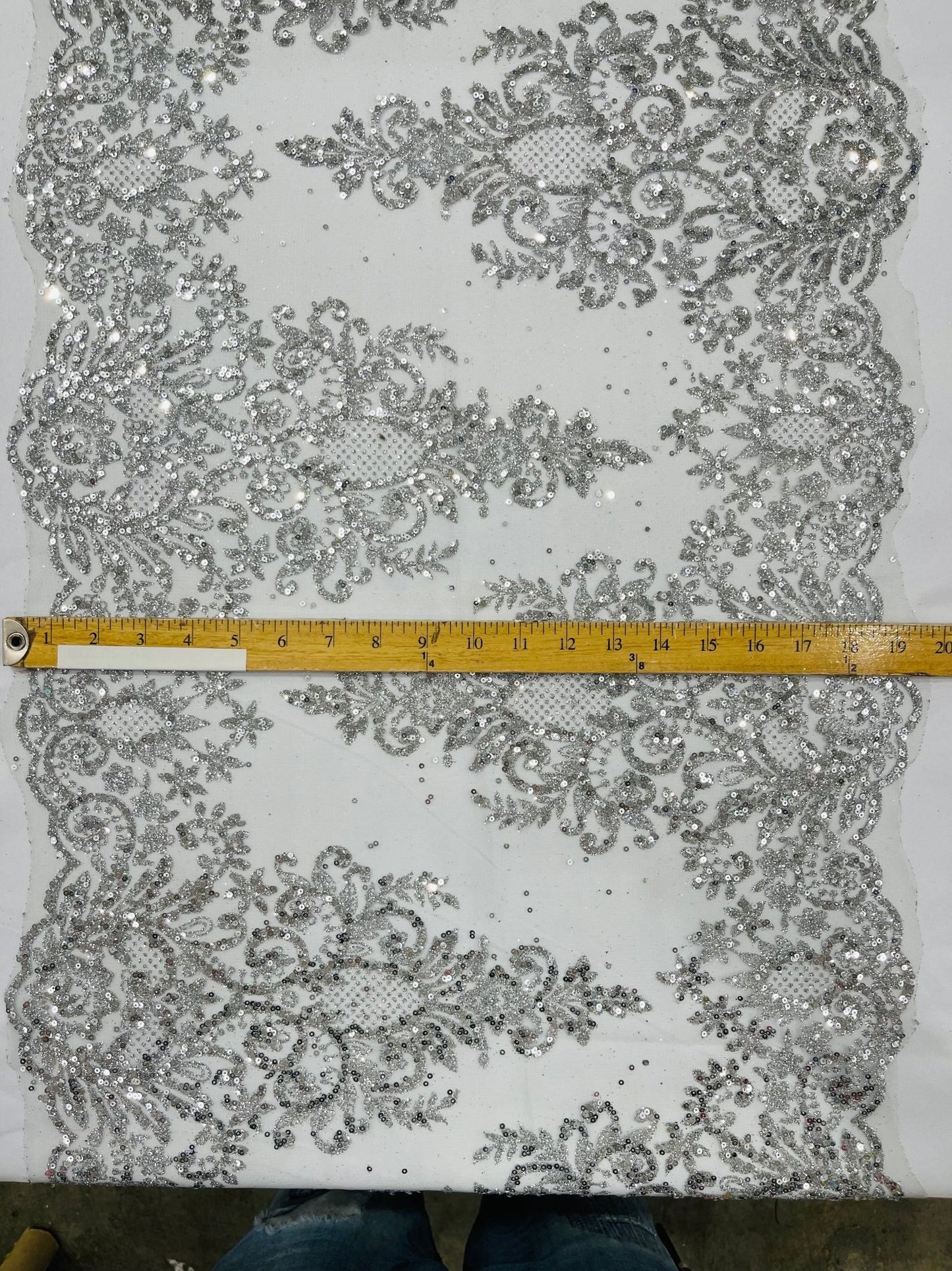 Trim Glitter Damask Design On A Mesh Lace| 20" Wide | appeal Fabric| Sold By The Yard. - New Creations Fabric & Foam Inc