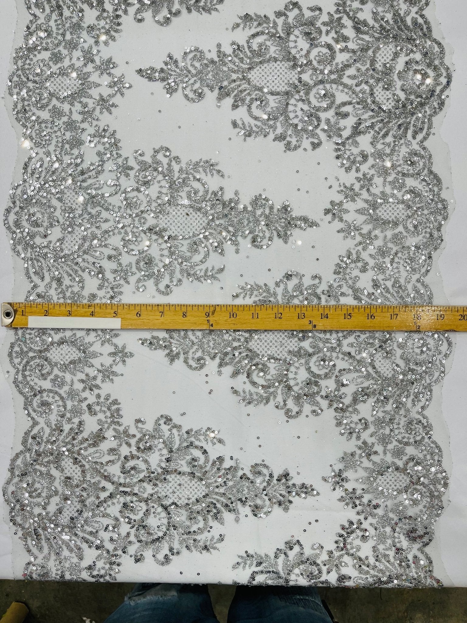 Trim Glitter Damask Design On A Mesh Lace| 20" Wide | appeal Fabric| Sold By The Yard. - New Creations Fabric & Foam Inc