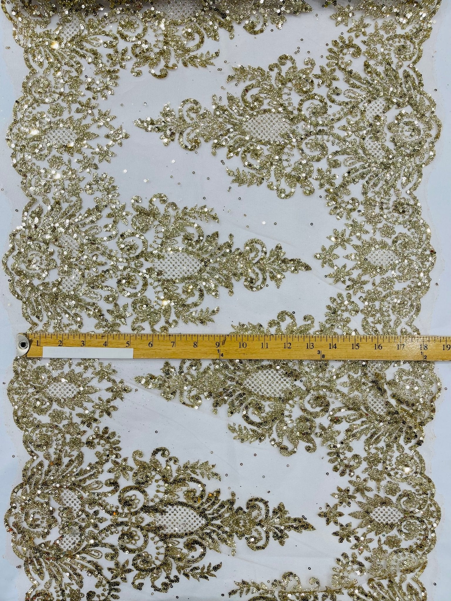 Trim Glitter Damask Design On A Mesh Lace| 20" Wide | appeal Fabric| Sold By The Yard. - New Creations Fabric & Foam Inc