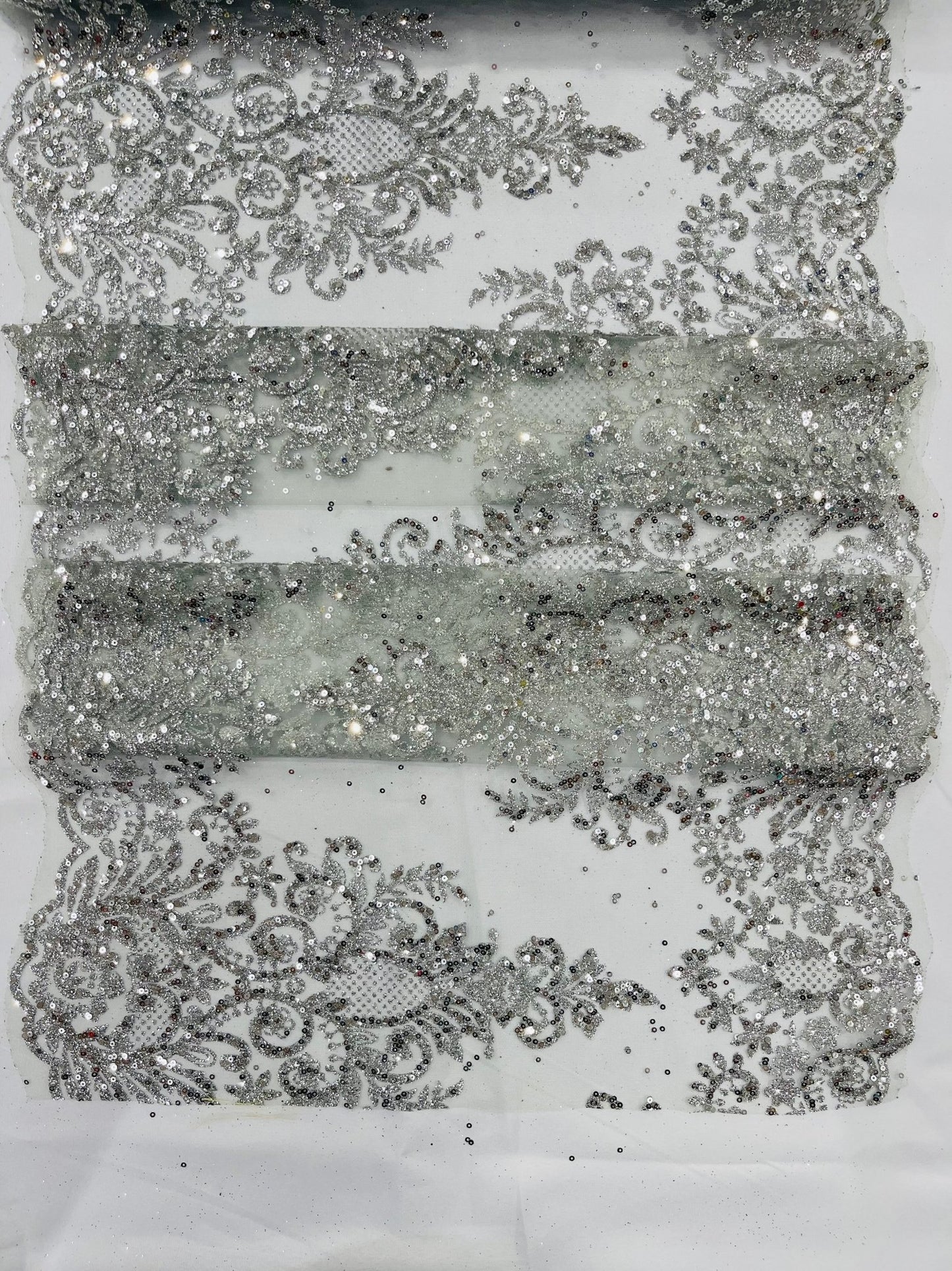 Trim Glitter Damask Design On A Mesh Lace| 20" Wide | appeal Fabric| Sold By The Yard. - New Creations Fabric & Foam Inc