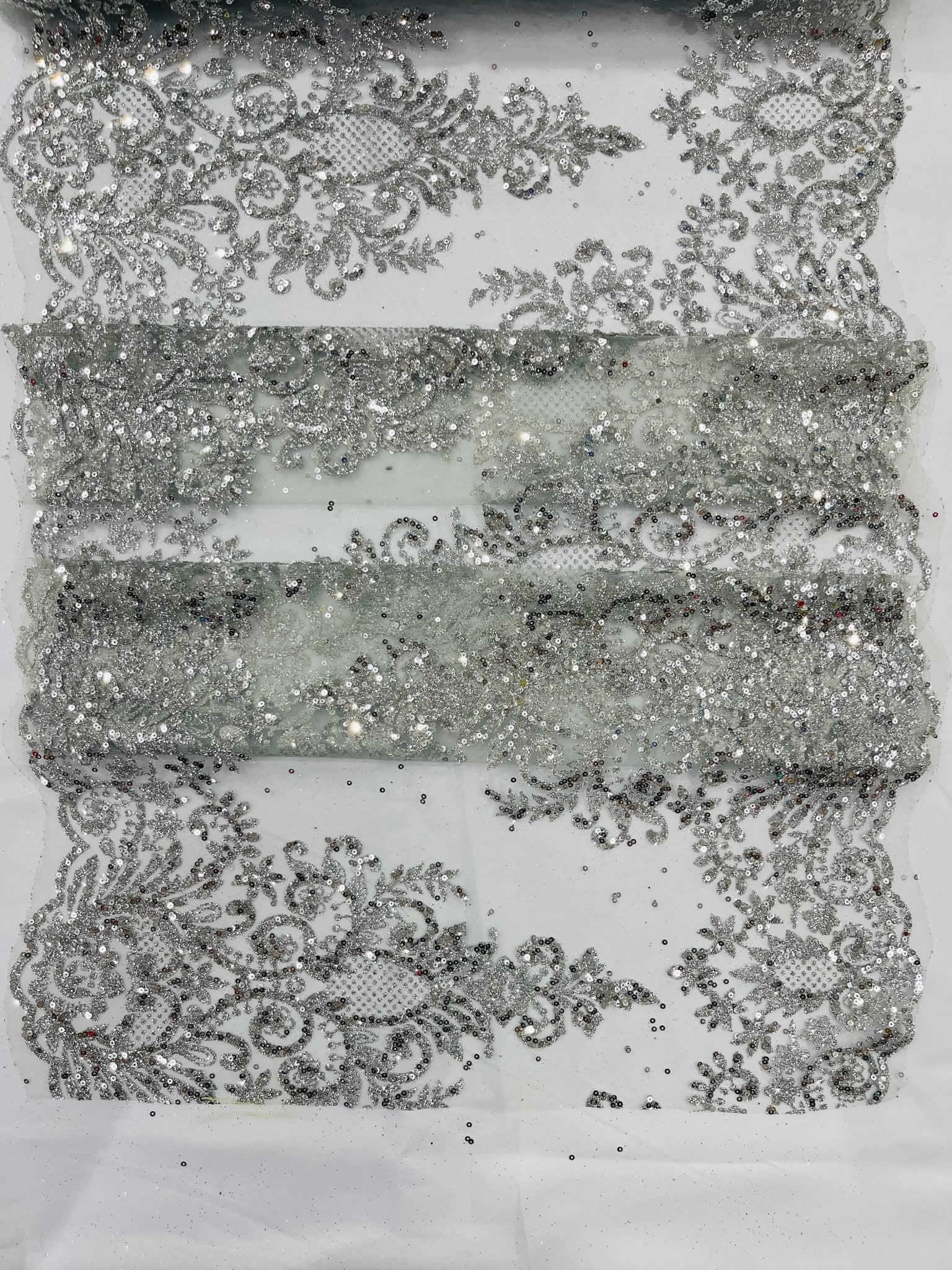 Trim Glitter Damask Design On A Mesh Lace| 20" Wide | appeal Fabric| Sold By The Yard. - New Creations Fabric & Foam Inc