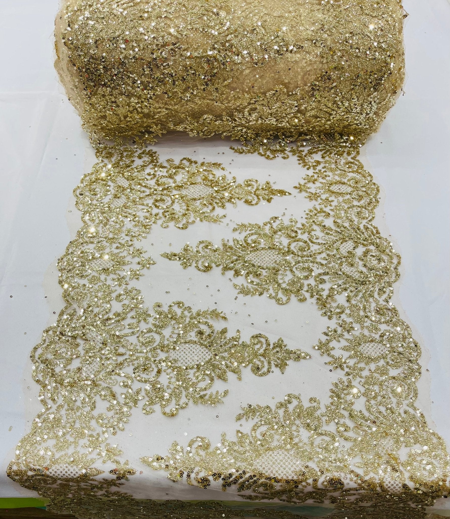 Trim Glitter Damask Design On A Mesh Lace| 20" Wide | appeal Fabric| Sold By The Yard. - New Creations Fabric & Foam Inc