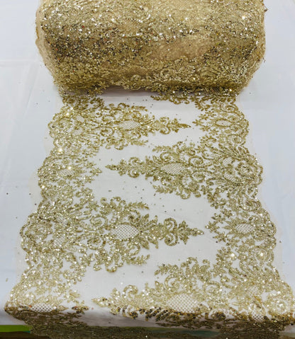 Trim Glitter Damask Design On A Mesh Lace| 20" Wide | appeal Fabric| Sold By The Yard. - New Creations Fabric & Foam Inc
