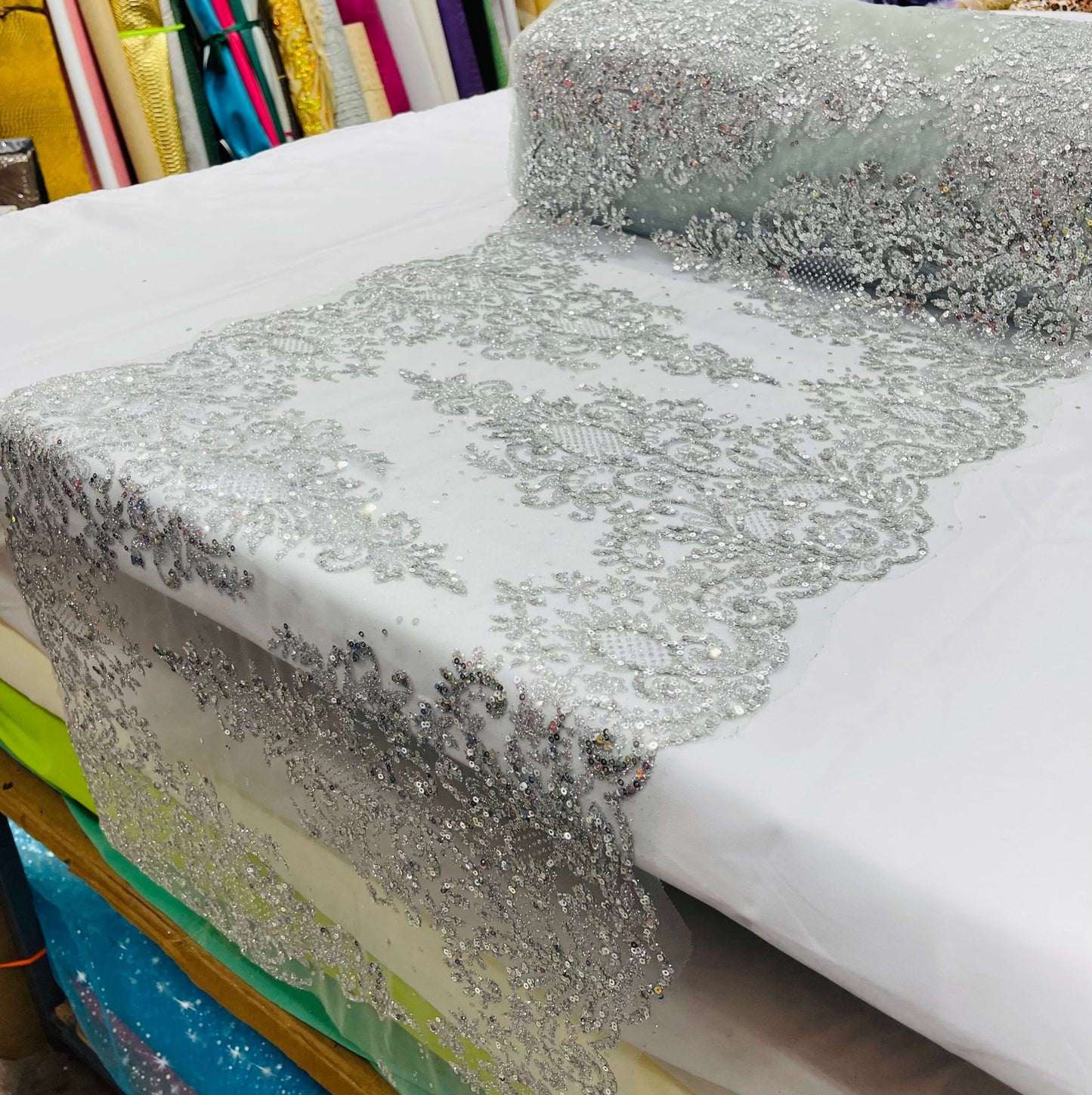 Trim Glitter Damask Design On A Mesh Lace| 20" Wide | appeal Fabric| Sold By The Yard. - New Creations Fabric & Foam Inc