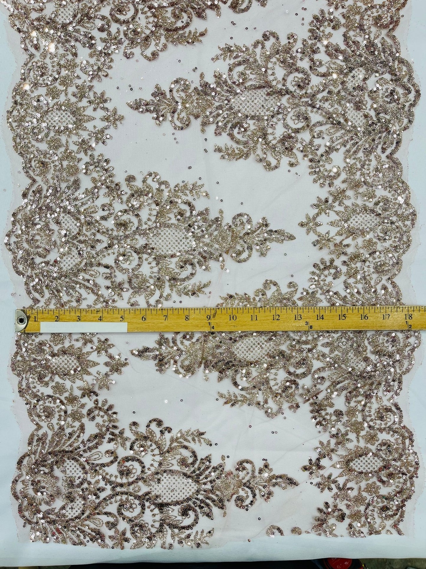 Trim Glitter Damask Design On A Mesh Lace| 20" Wide | appeal Fabric| Sold By The Yard. - New Creations Fabric & Foam Inc