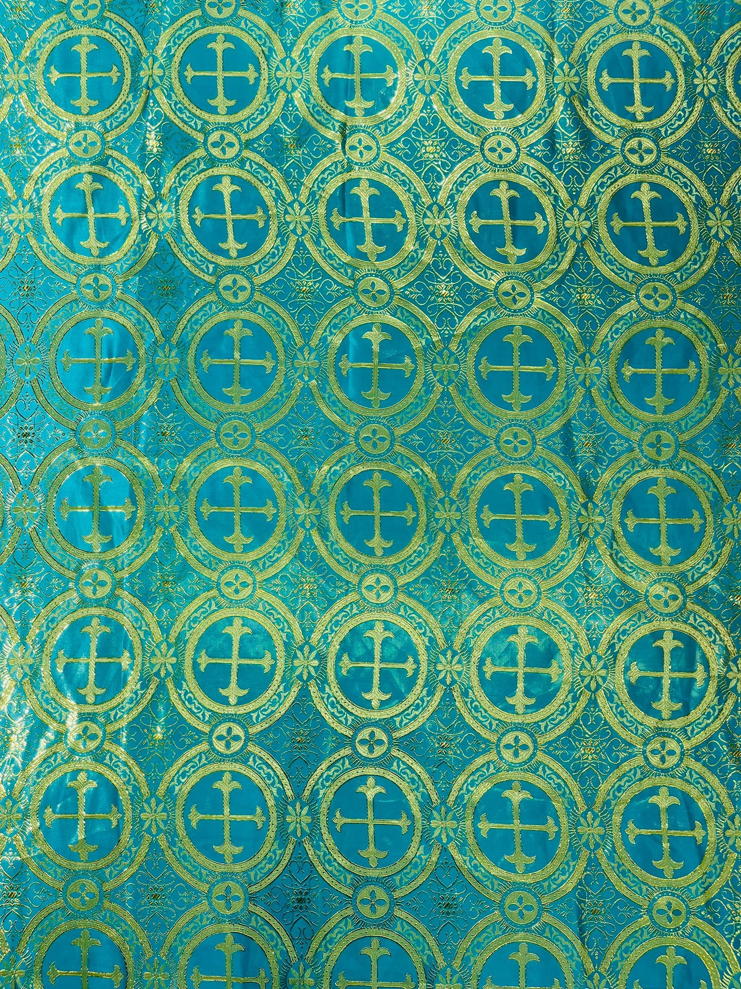 Turquoise/Gold - Rectangular Metallic Cross Brocade Jacquard Satin Tablecloth Overlay/Religious Brocade/Liturgical Fabric/Church. - New Creations Fabric & Foam Inc