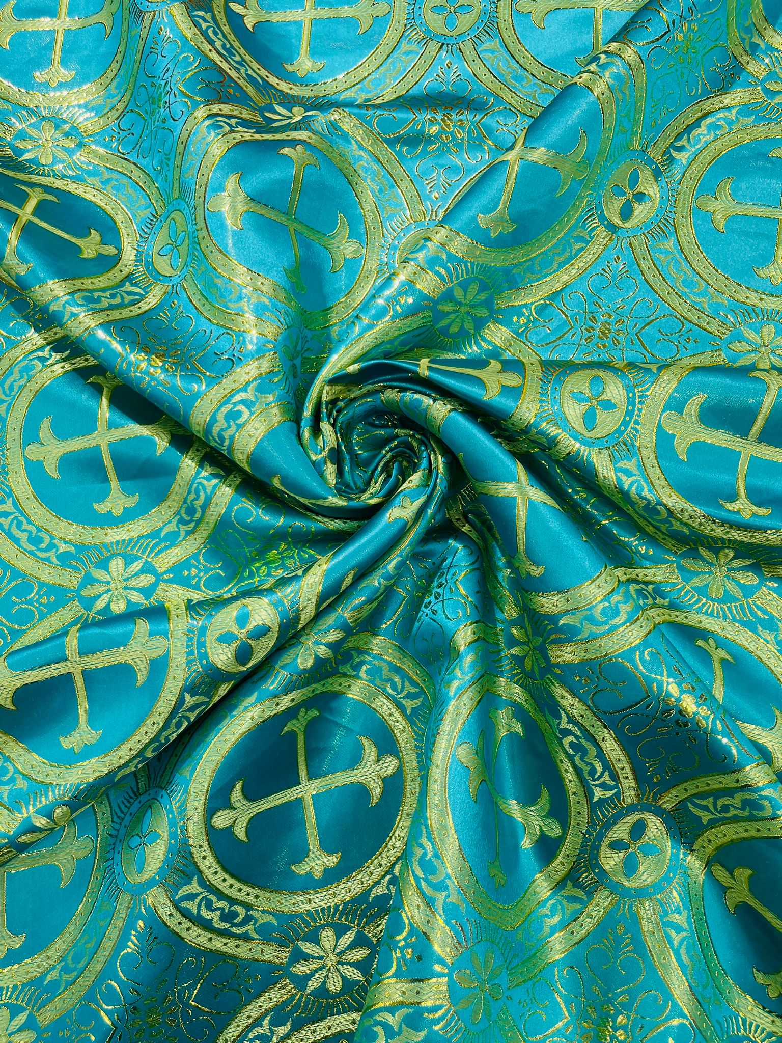 Turquoise/Gold - Rectangular Metallic Cross Brocade Jacquard Satin Tablecloth Overlay/Religious Brocade/Liturgical Fabric/Church. - New Creations Fabric & Foam Inc
