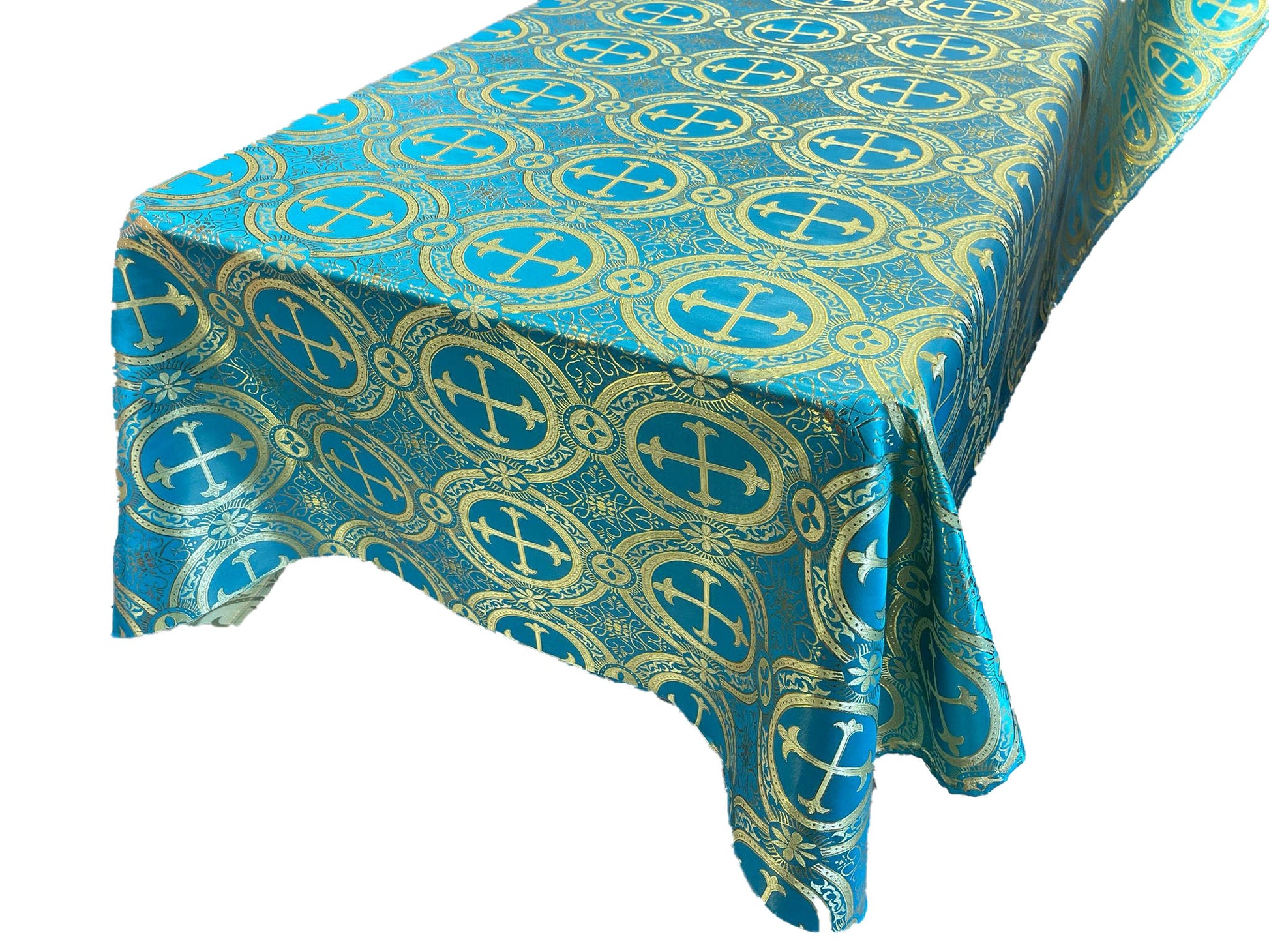 Turquoise/Gold - SQUARE METALLIC CROSS JACQUARD SATIN - New Creations Fabric & Foam Inc