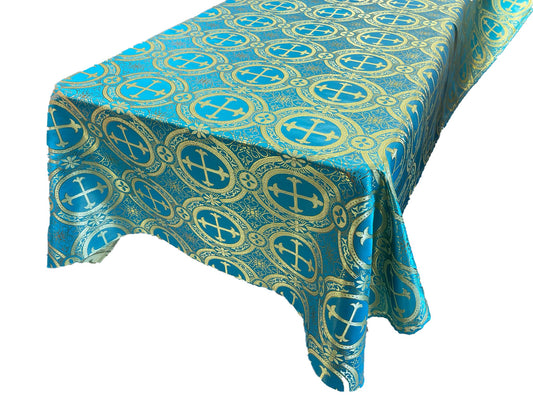 Turquoise/Gold - SQUARE METALLIC CROSS JACQUARD SATIN - New Creations Fabric & Foam Inc