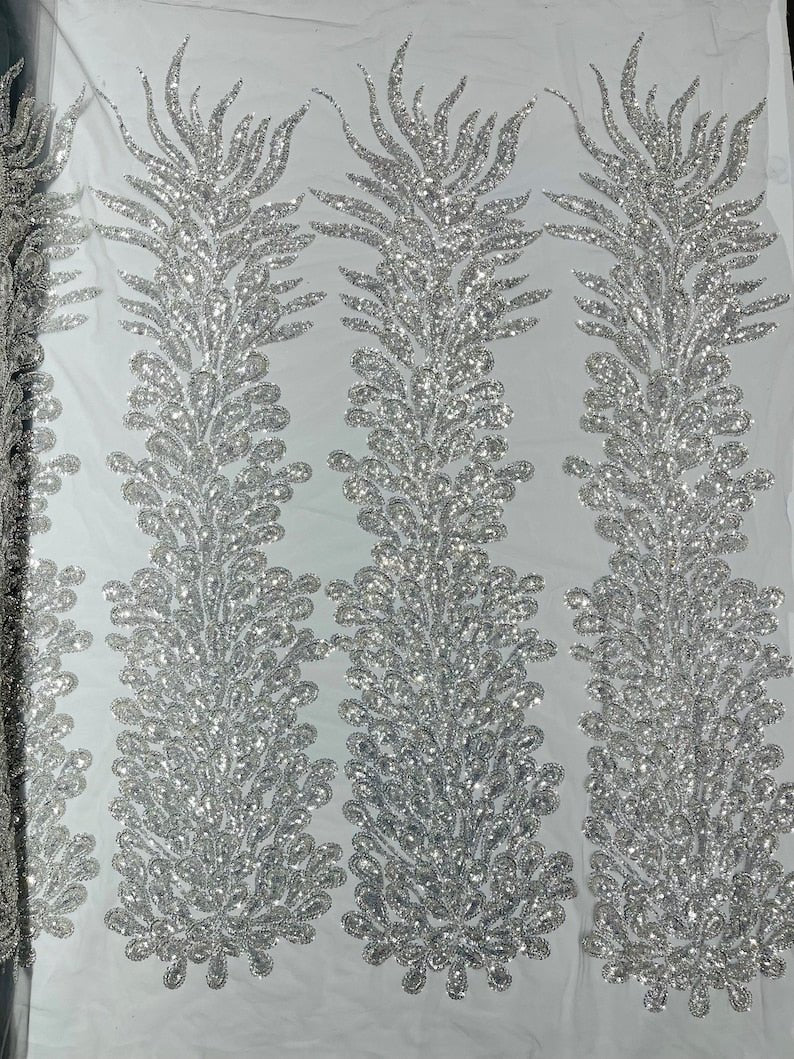 VEGAS BEADED FEATHER DESIGN ON MESH FABRIC (BY PANEL) - New Creations Fabric & Foam Inc