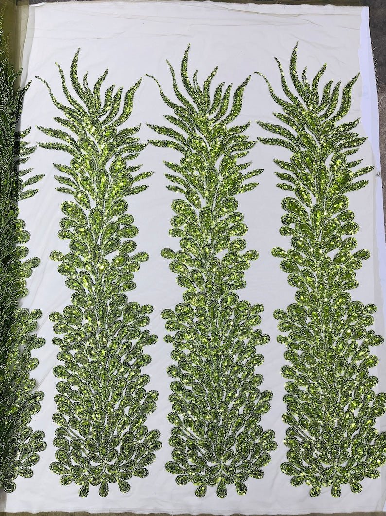 VEGAS BEADED FEATHER DESIGN ON MESH FABRIC (BY PANEL) - New Creations Fabric & Foam Inc