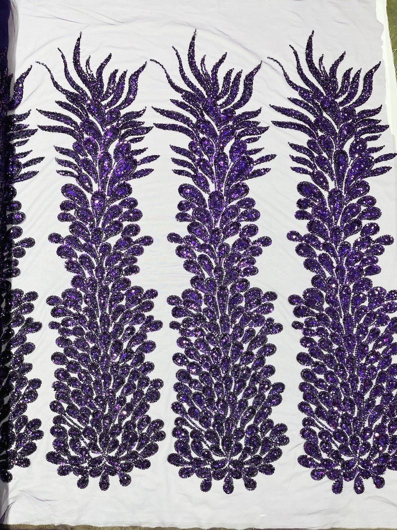 VEGAS BEADED FEATHER DESIGN ON MESH FABRIC (BY PANEL) - New Creations Fabric & Foam Inc