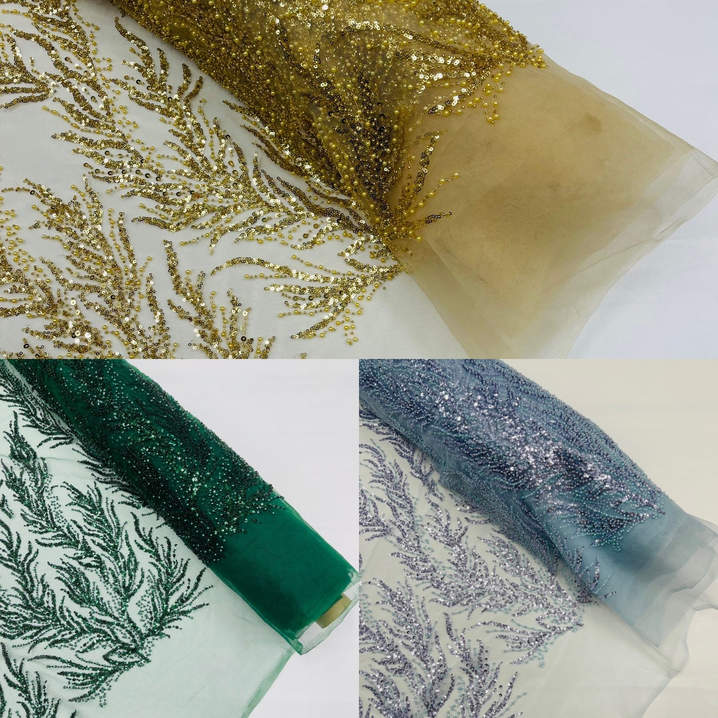 VINE BEADED LACE ON MESH FABRIC (By The Yard) - New Creations Fabric & Foam Inc