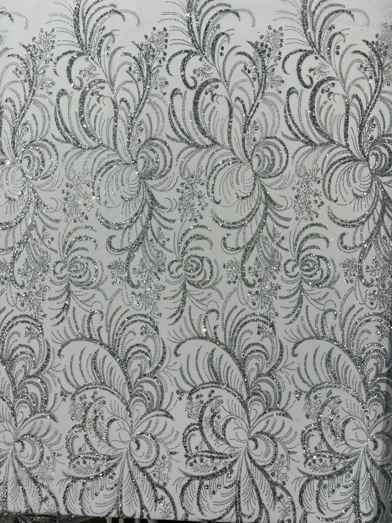 Vine Glitter Design On A Mesh Lace Fabric/Prom - New Creations Fabric & Foam Inc