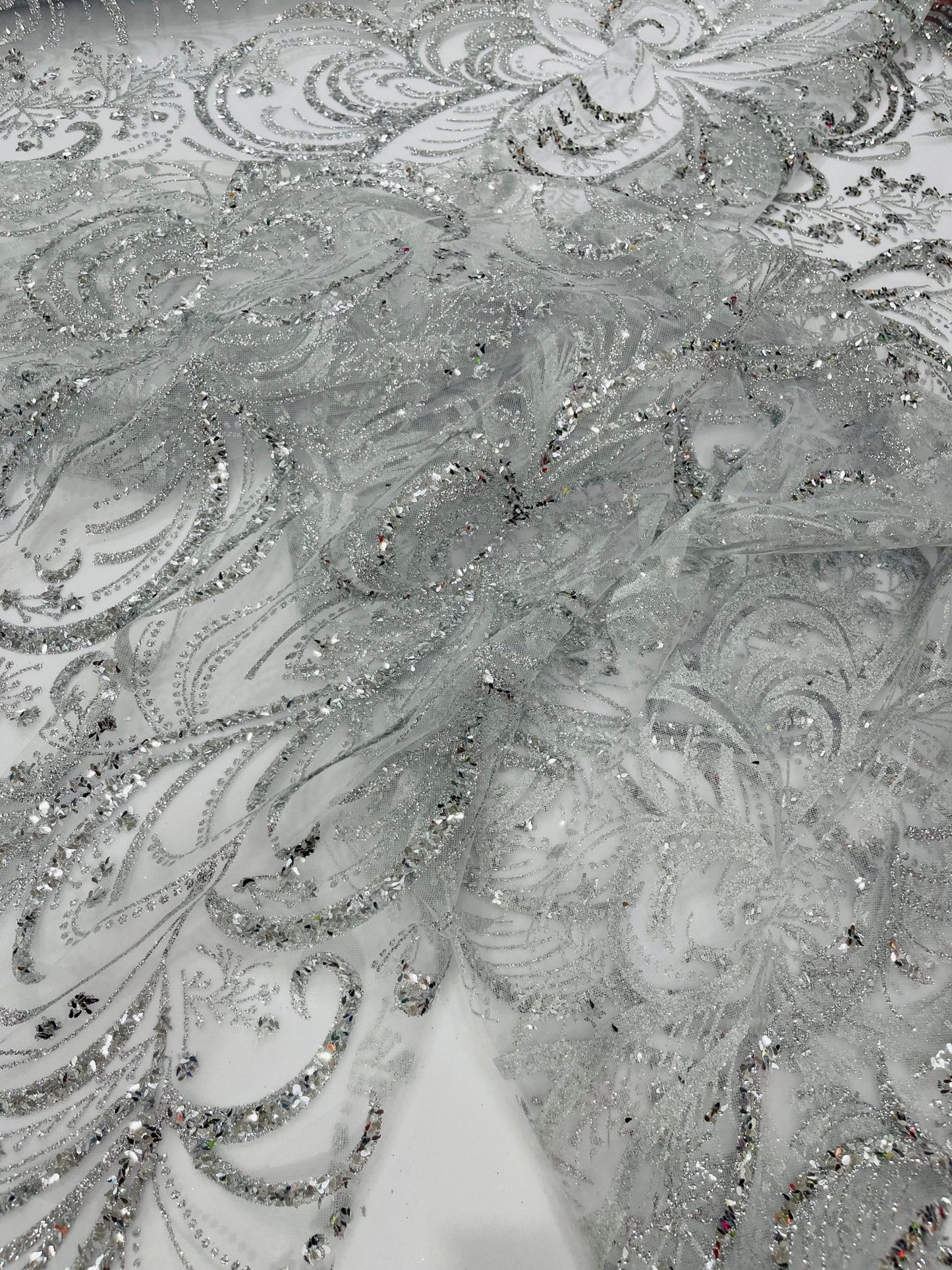 Vine Glitter Design On A Mesh Lace Fabric/Prom - New Creations Fabric & Foam Inc