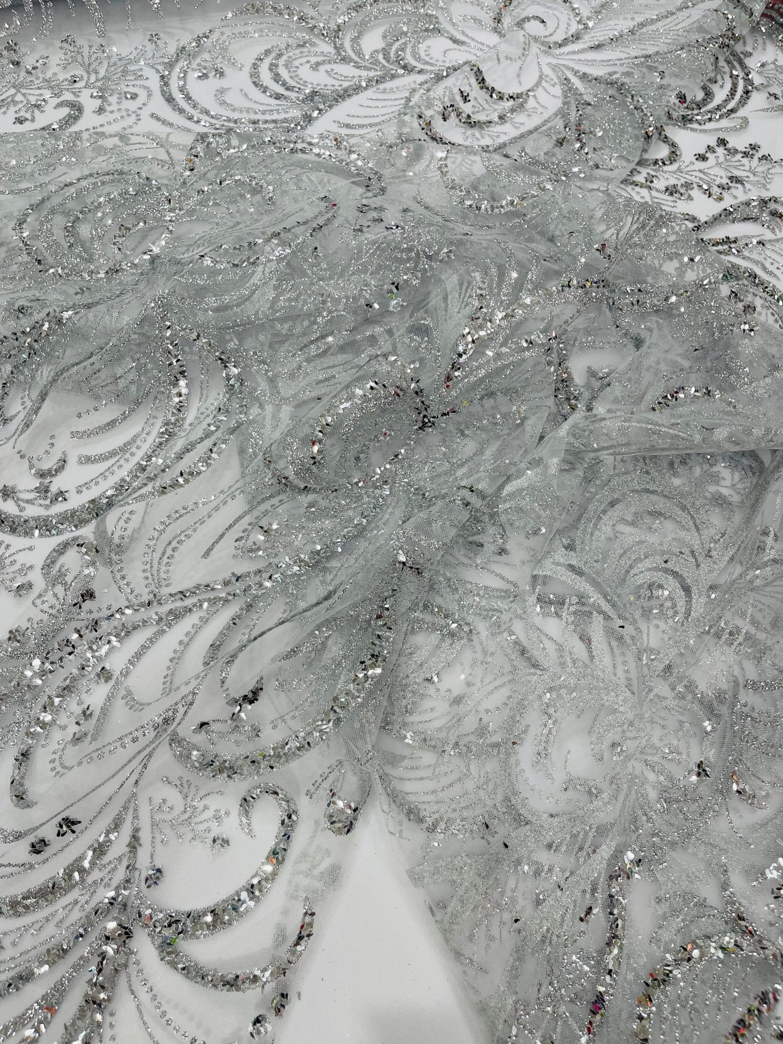 Vine Glitter Design On A Mesh Lace Fabric/Prom - New Creations Fabric & Foam Inc