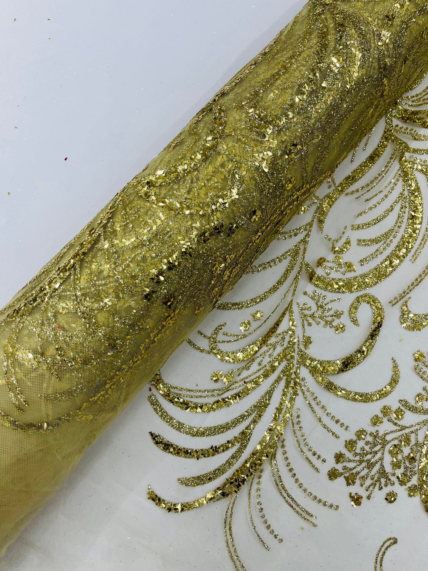 Vine Glitter Design On A Mesh Lace Fabric/Prom - New Creations Fabric & Foam Inc