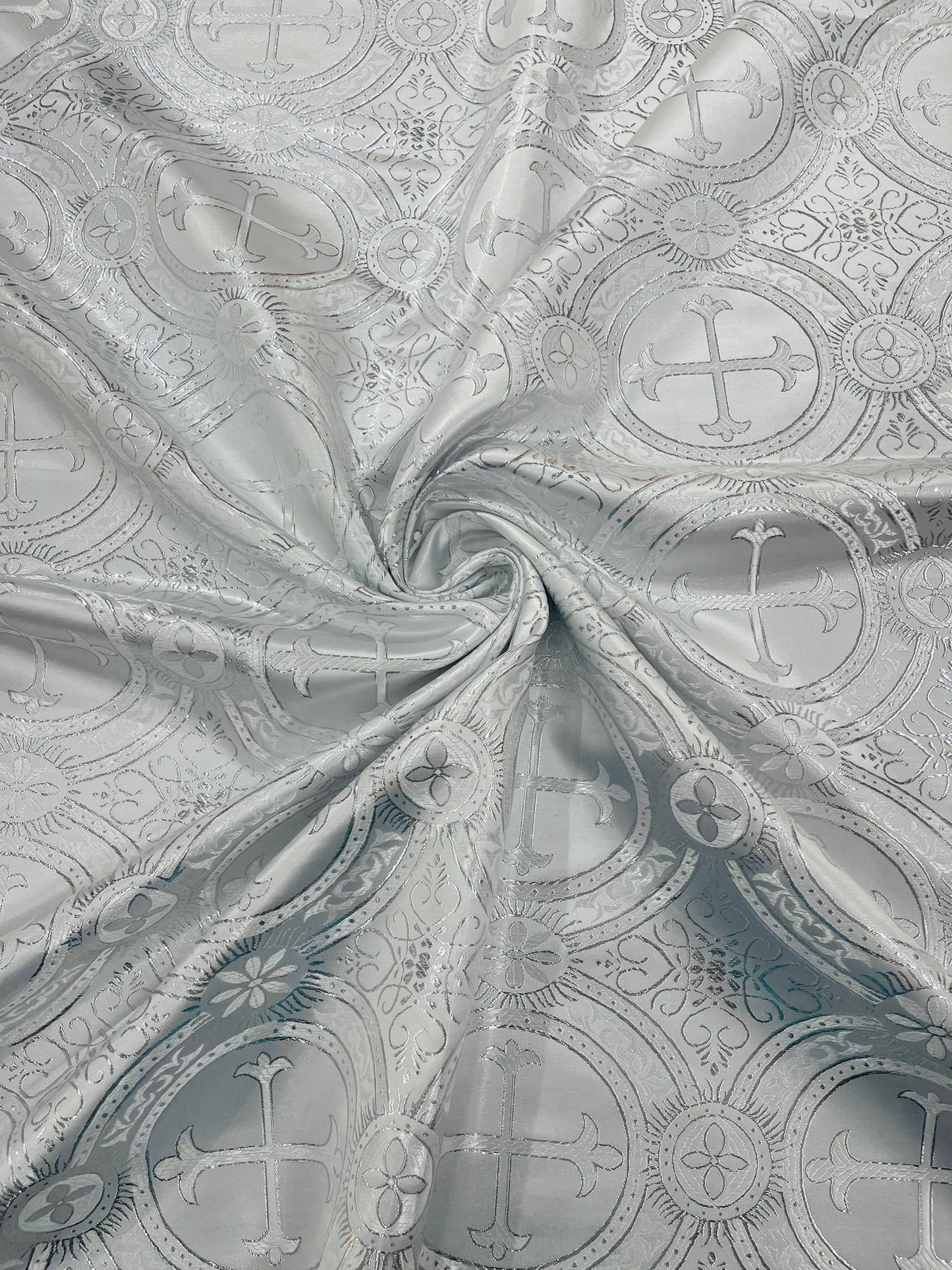 White/Silver - Rectangular Metallic Cross Brocade Jacquard Satin Tablecloth Overlay/Religious Brocade/Liturgical Fabric/Church. - New Creations Fabric & Foam Inc