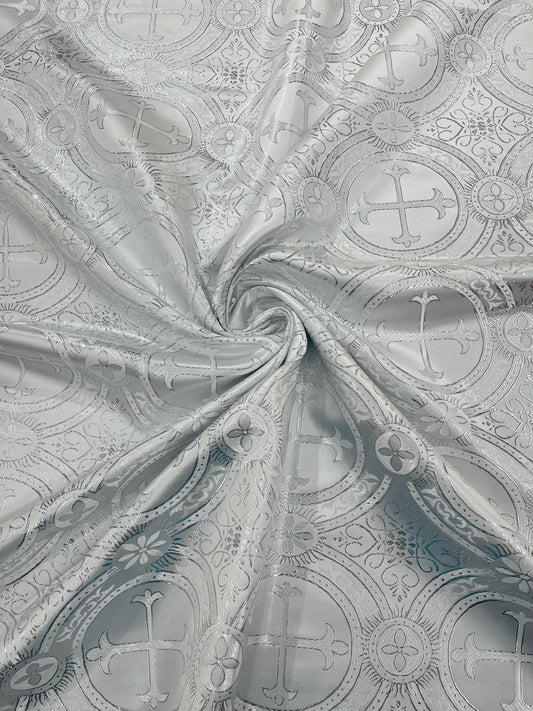 White/Silver - Rectangular Metallic Cross Brocade Jacquard Satin Tablecloth Overlay/Religious Brocade/Liturgical Fabric/Church. - New Creations Fabric & Foam Inc