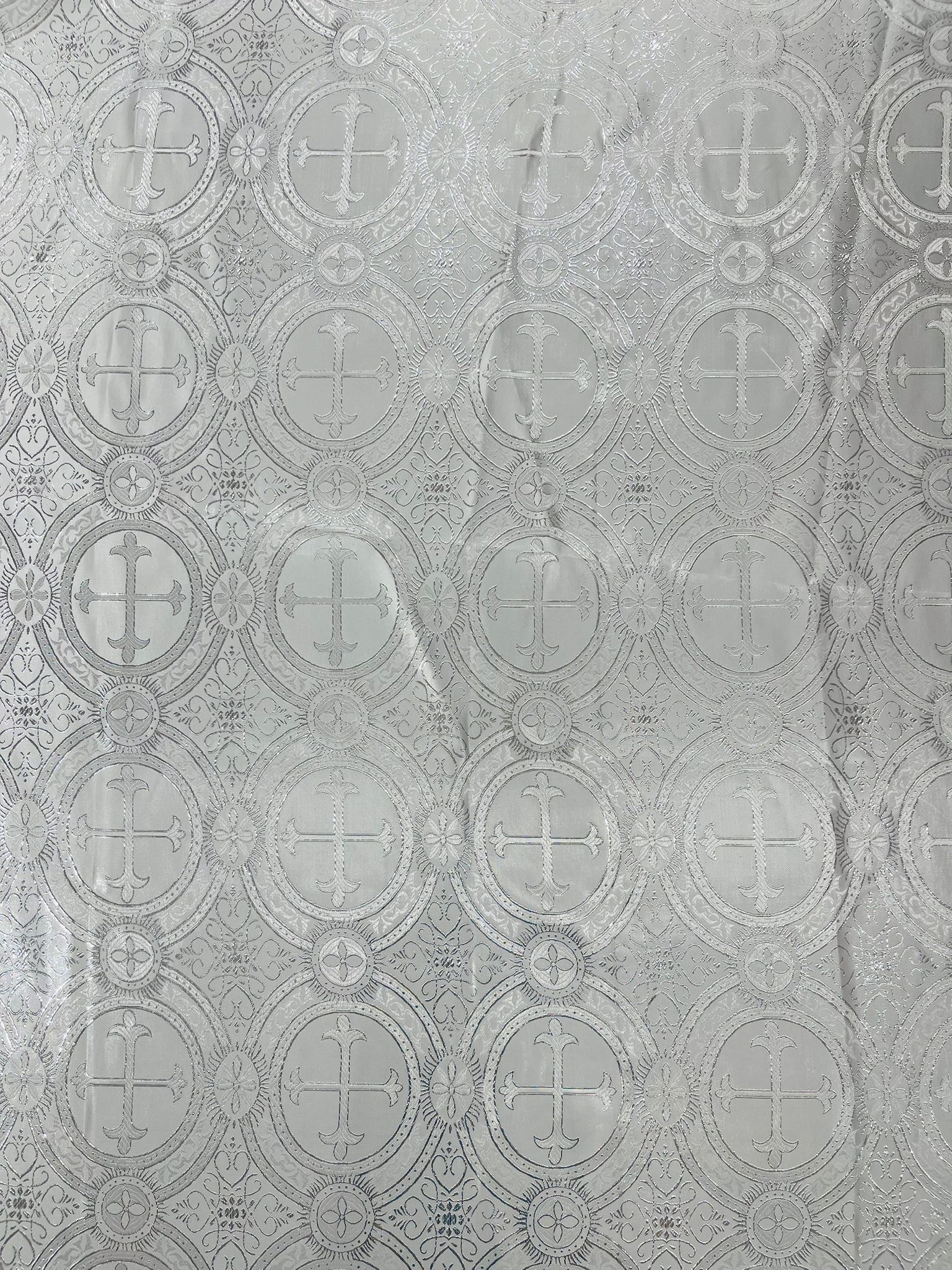 White/Silver - SQUARE METALLIC CROSS JACQUARD SATIN - New Creations Fabric & Foam Inc