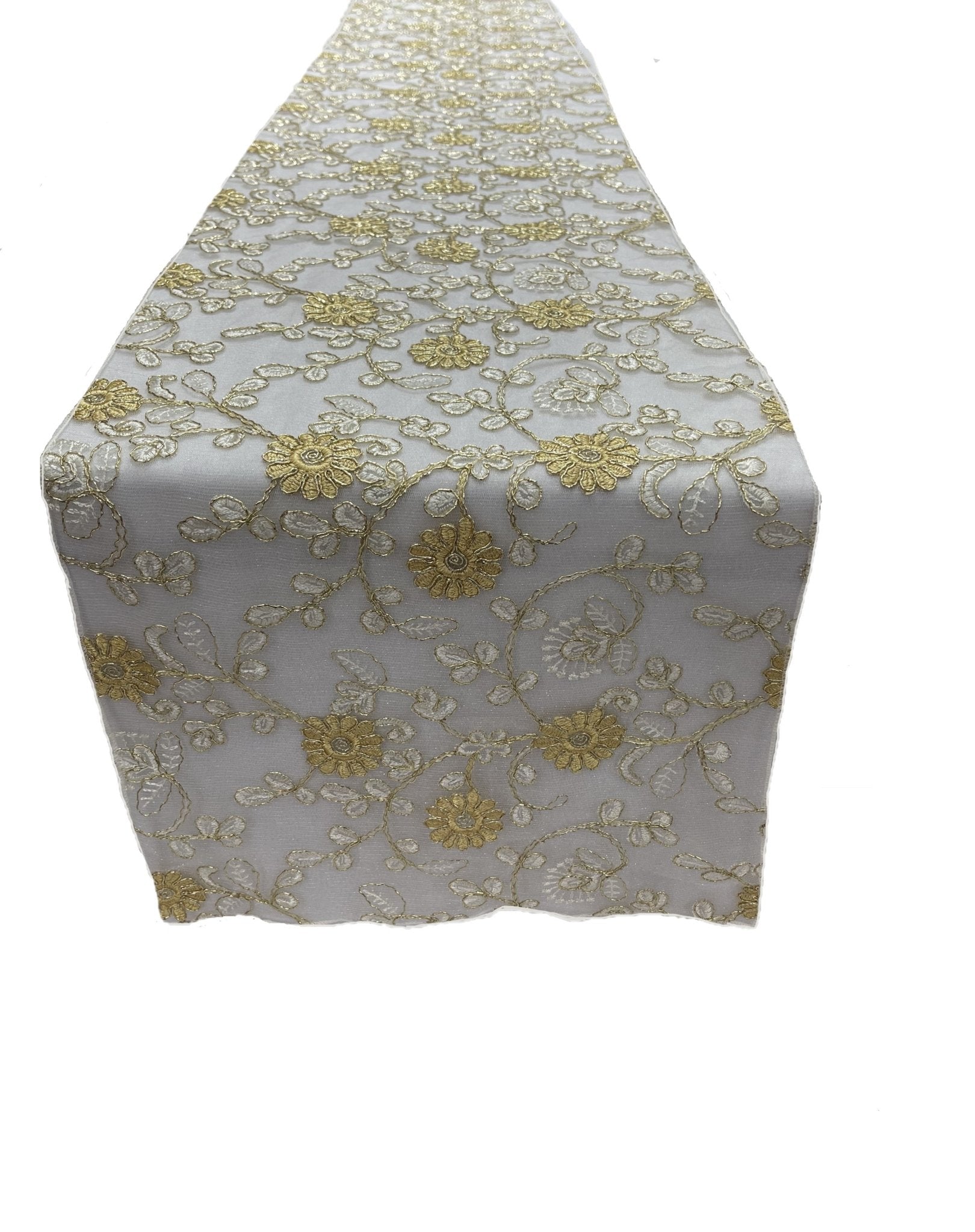 12" Wide x 90" Long Metallic Embroidery Lace Table Runner Wedding Decoration - New Creations Fabric & Foam Inc