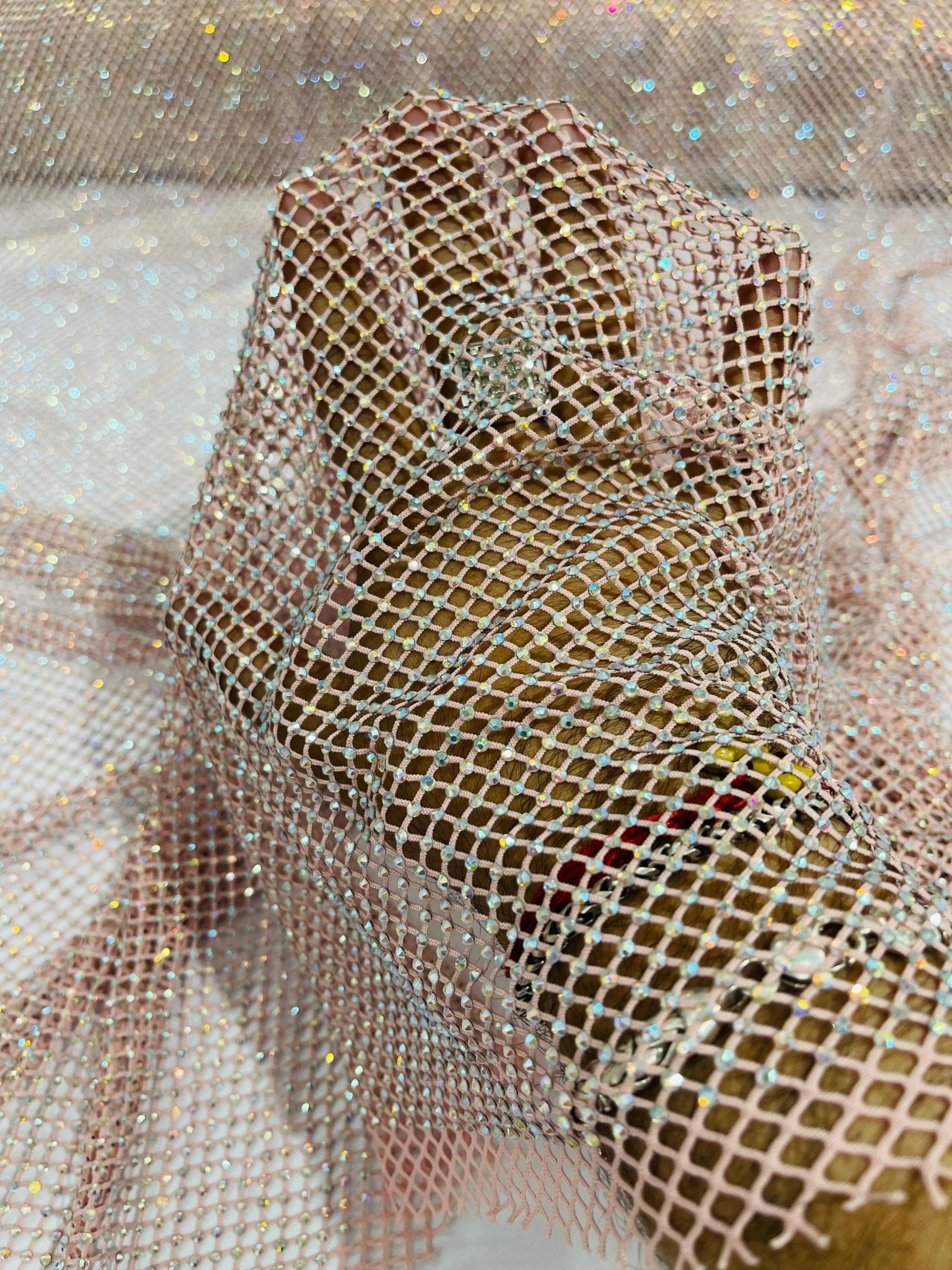 AB RHINESTONES ON A FISH NET FABRIC (By The Yard) - New Creations Fabric & Foam Inc