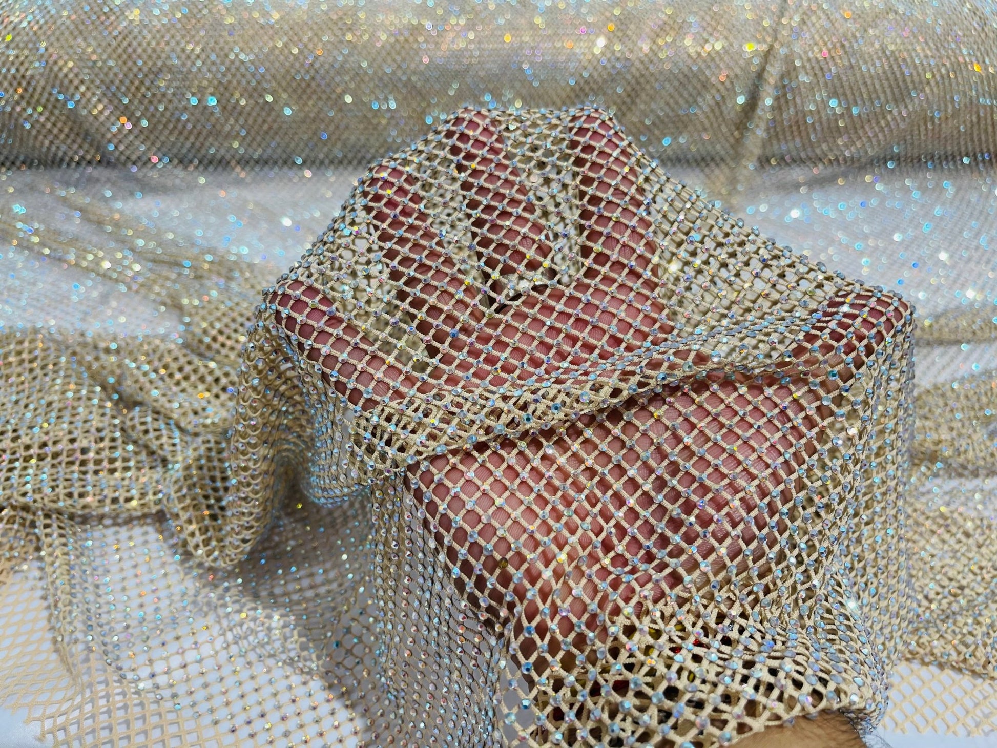 AB RHINESTONES ON A FISH NET FABRIC (By The Yard) - New Creations Fabric & Foam Inc
