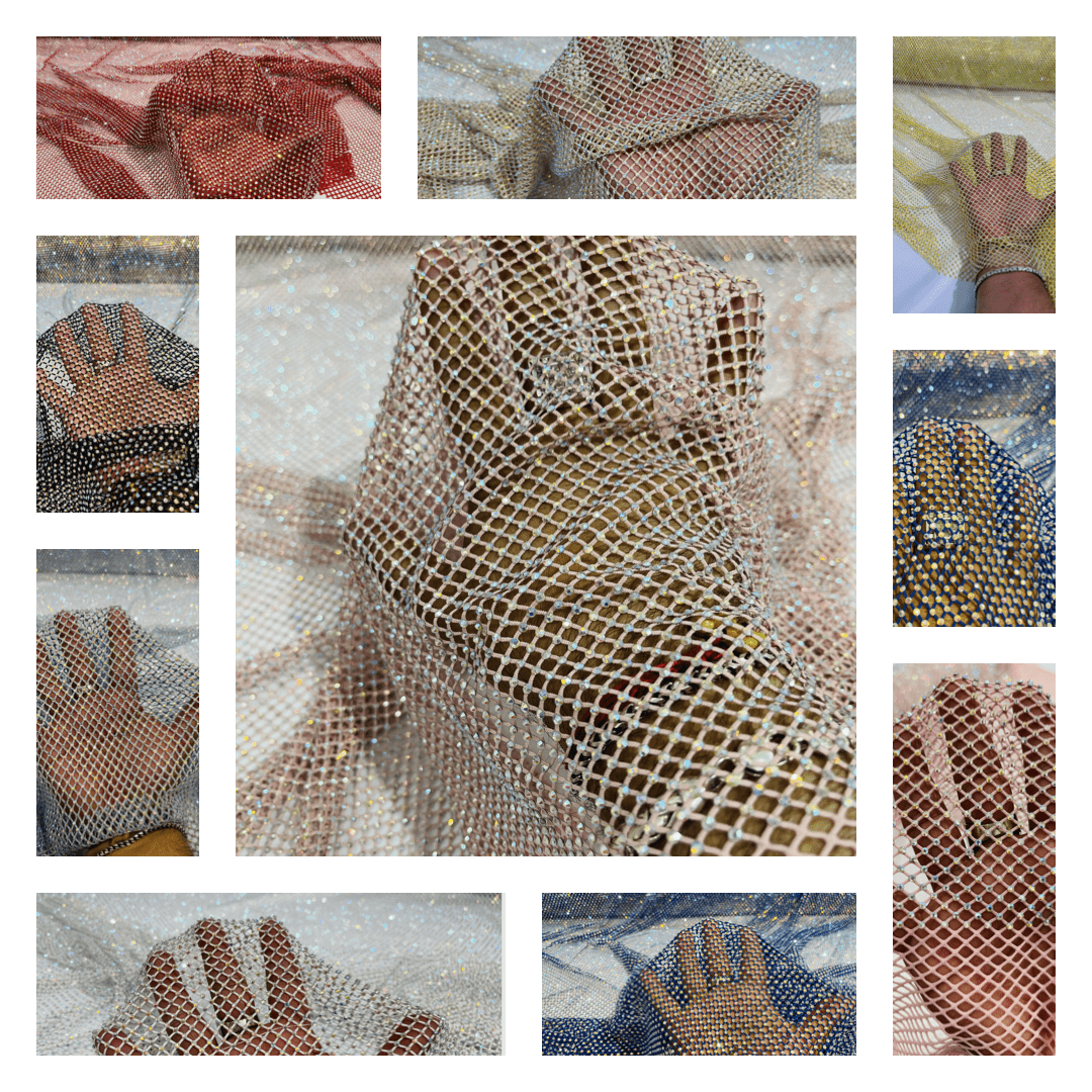 AB RHINESTONES ON A FISH NET FABRIC (By The Yard) - New Creations Fabric & Foam Inc