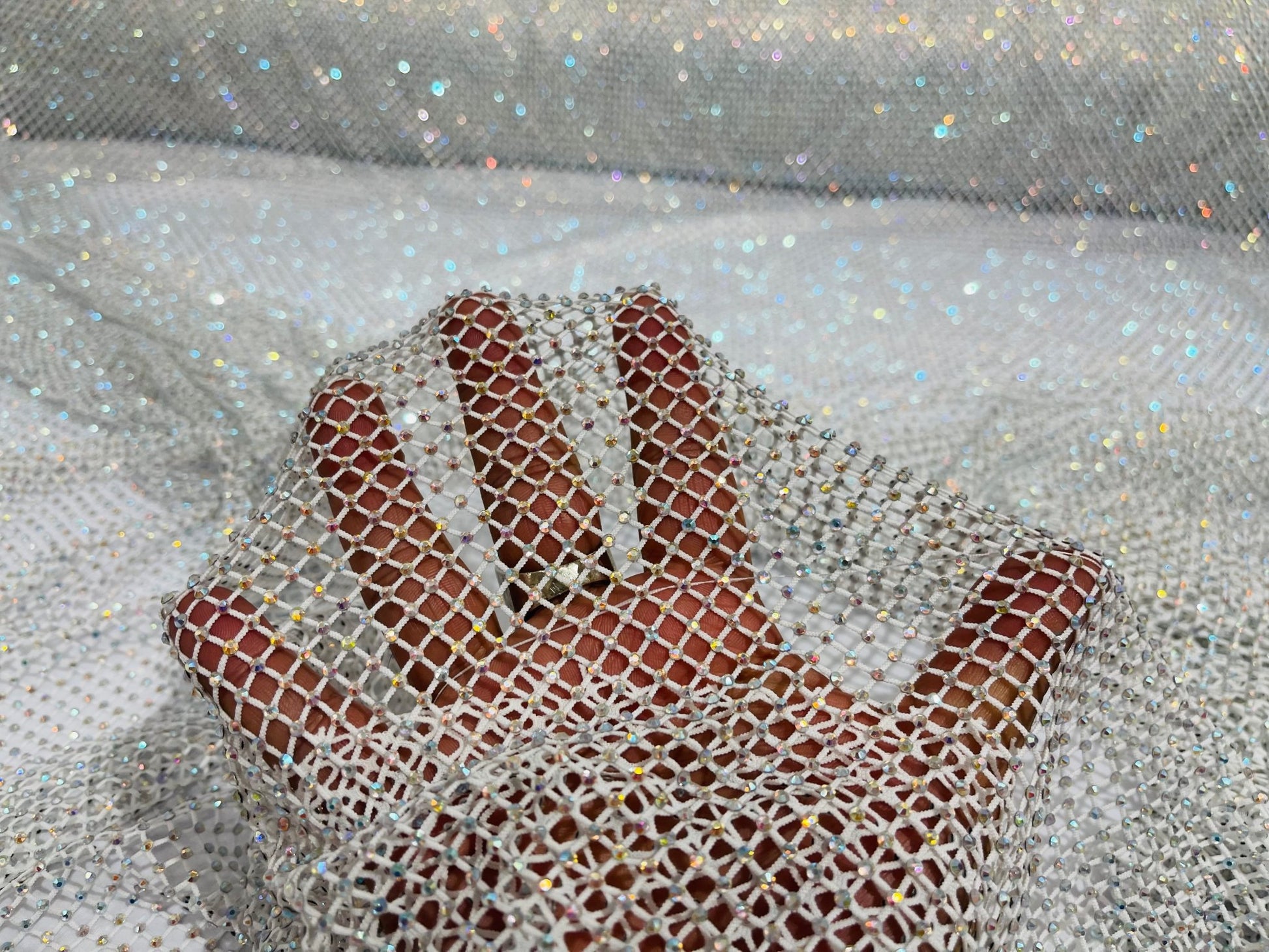 AB RHINESTONES ON A FISH NET FABRIC (By The Yard) - New Creations Fabric & Foam Inc