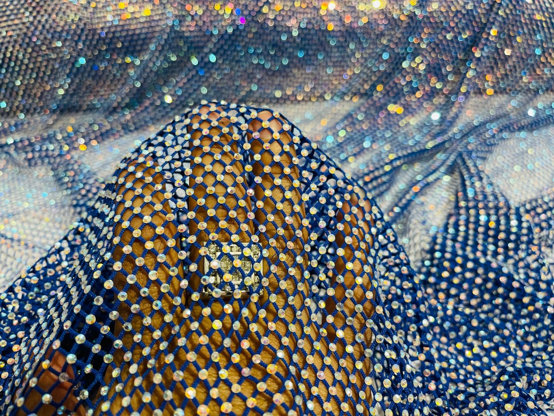 AB RHINESTONES ON A FISH NET FABRIC (By The Yard) - New Creations Fabric & Foam Inc
