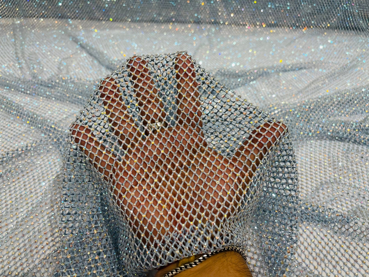 AB RHINESTONES ON A FISH NET FABRIC (By The Yard) - New Creations Fabric & Foam Inc