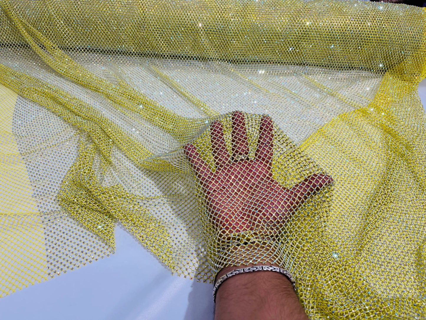 AB RHINESTONES ON A FISH NET FABRIC (By The Yard) - New Creations Fabric & Foam Inc