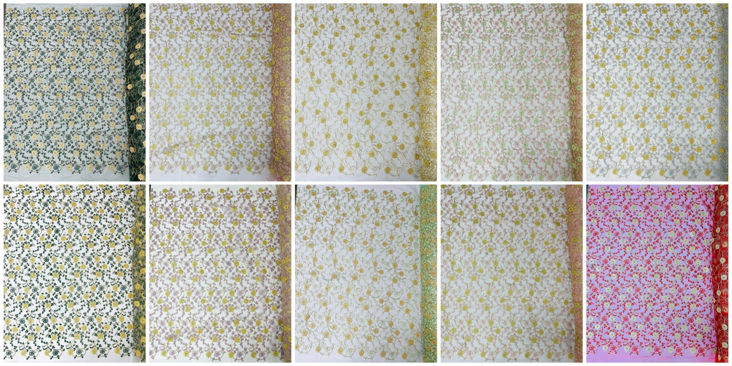 Daisy multi color gold metallic floral design embroider on a red mesh lace - dresses - sold by the yard. - New Creations Fabric & Foam Inc