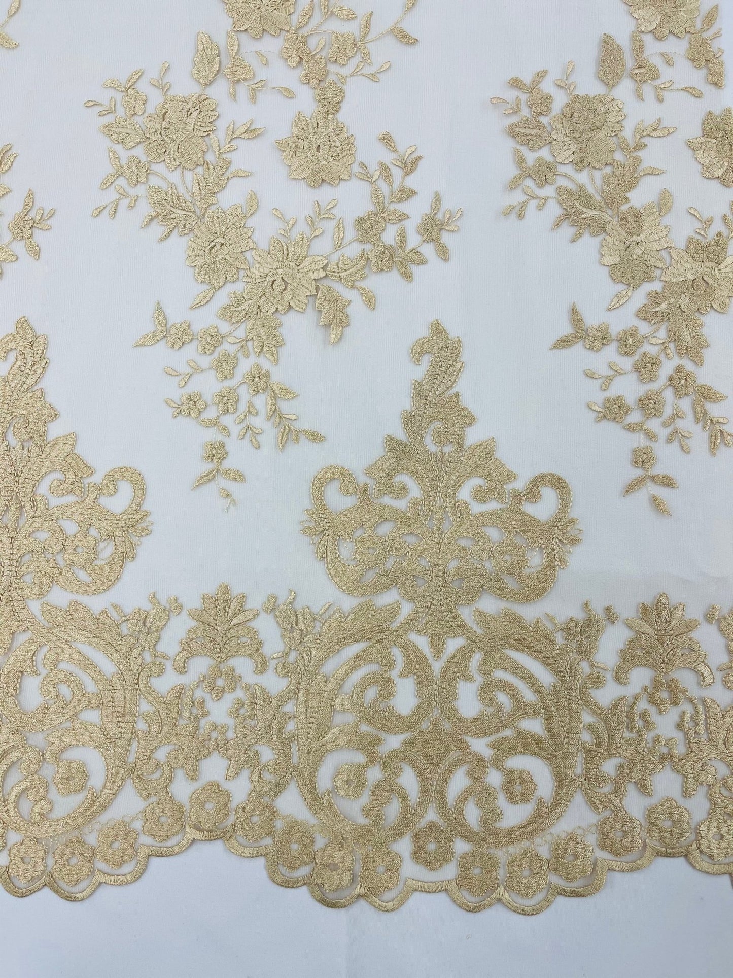 Elegant flower damask flat lace embroidery on a mesh - sold by the yard. - New Creations Fabric & Foam Inc